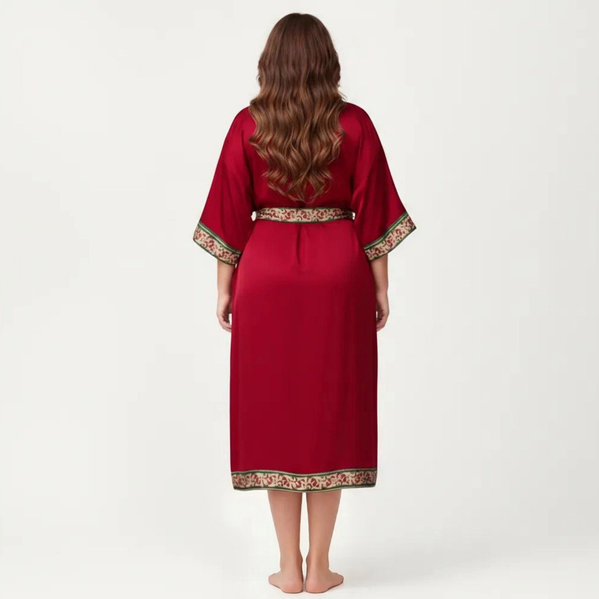 Anna-Kaci Women's Plus Satin Robe with Floral Trim Belted Kimono Sleeve Long Sleepwear