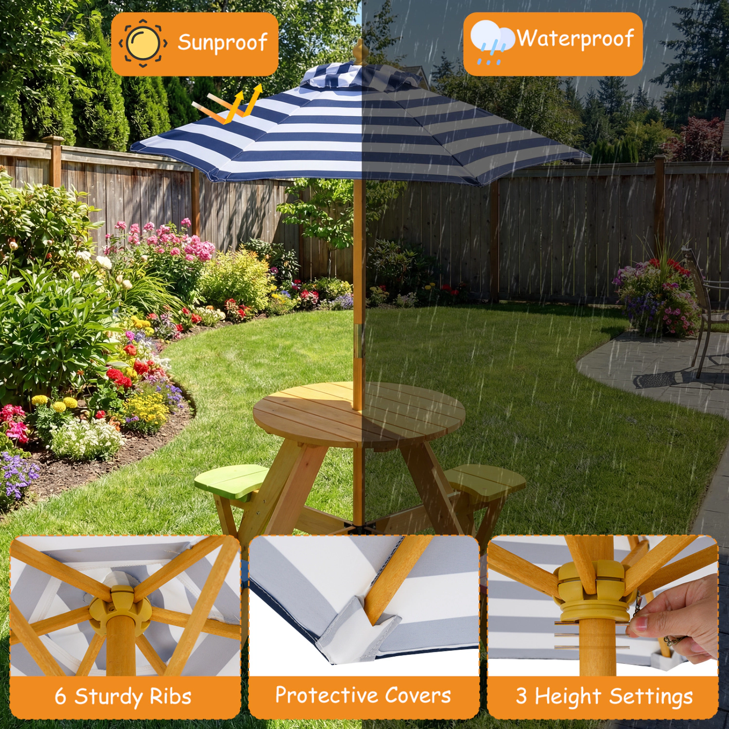 Hivvago Kids Picnic Table With Stools And Foldable Adjustable Umbrella For Backyard And Patio