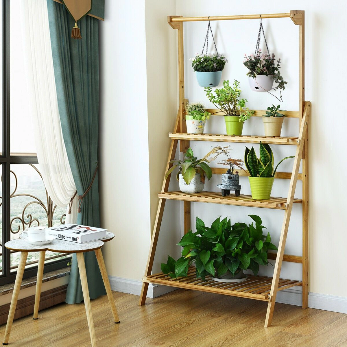 SlickBlue Unisex 3-Tier Indoor Outdoor Plant Stand with Hanging Rod