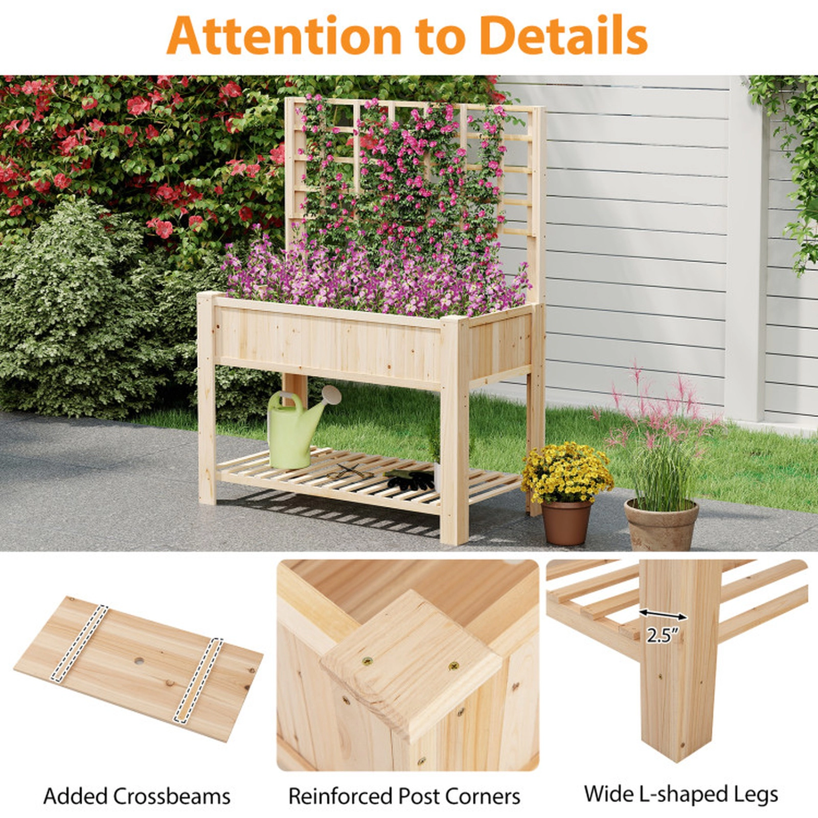 SUGIFT 59-in 110-lb Capacity Natural Fir Wood Raised Garden Bed with Trellis 88-lb Storage Shelf and Legs