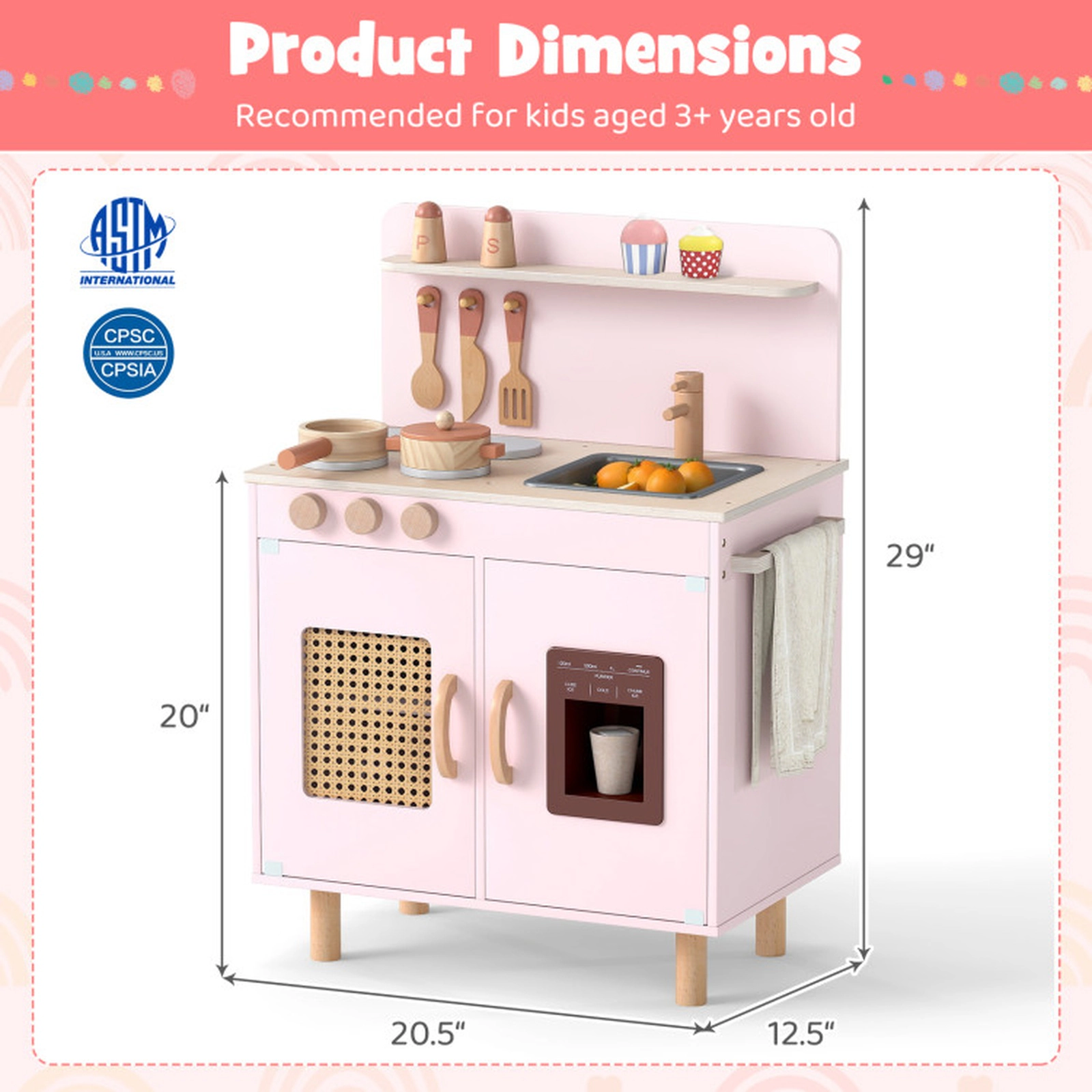 SUGIFT Pink Ice Maker Spice Rack and Cooking Accessories Kids Wooden Pretend Play Kitchen