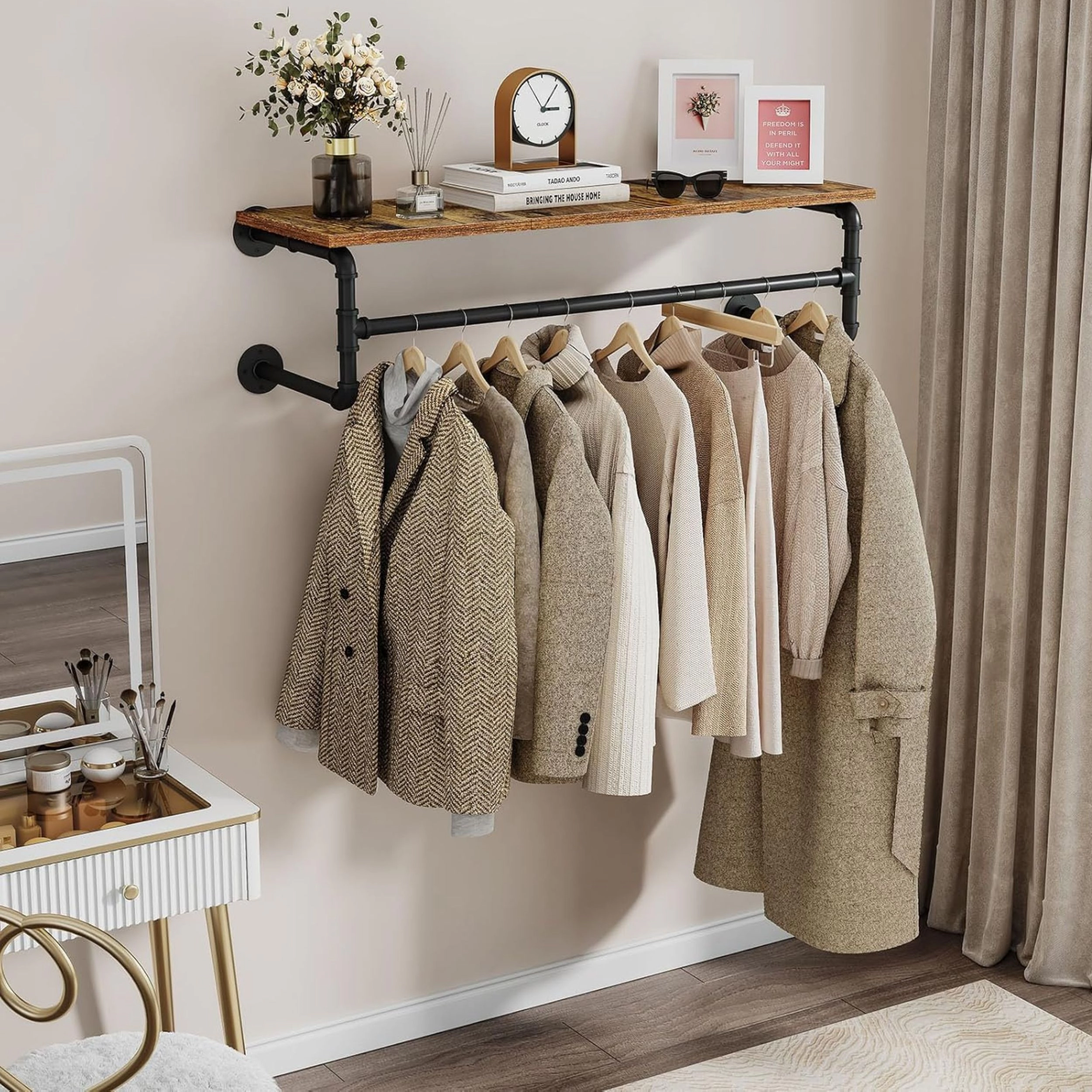 Stock Preferred Industrial Wall Mounted Clothes Rack with Top Shelf Heavy Duty Garment Rod