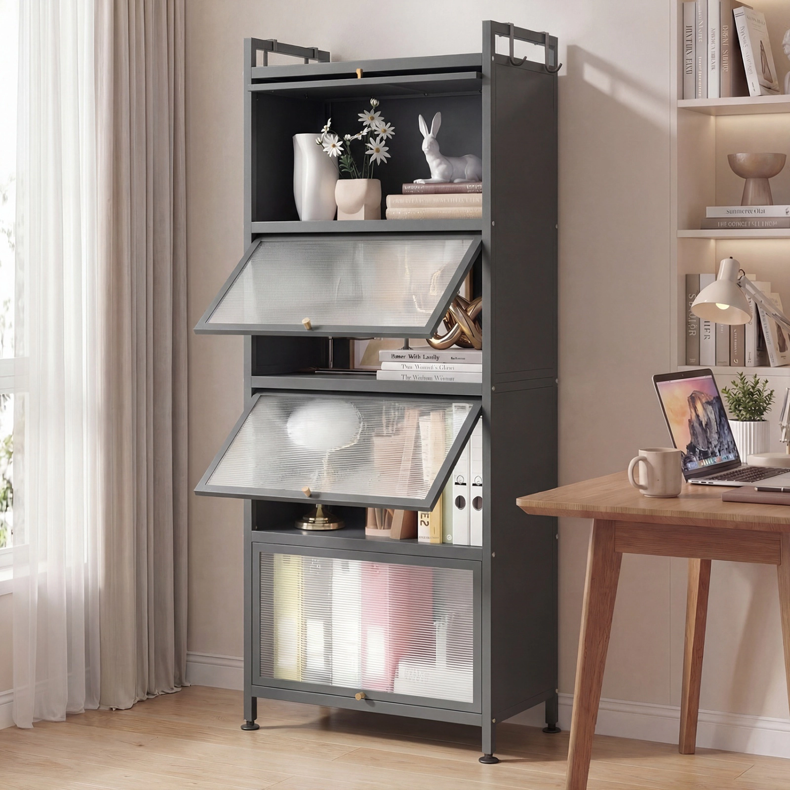 SUGIFT 5-Tier White Kitchen Bakers Rack Storage Shelf with Flip-Up PC Doors 23.5-in W 60.5-in H 44-lb Per Tier