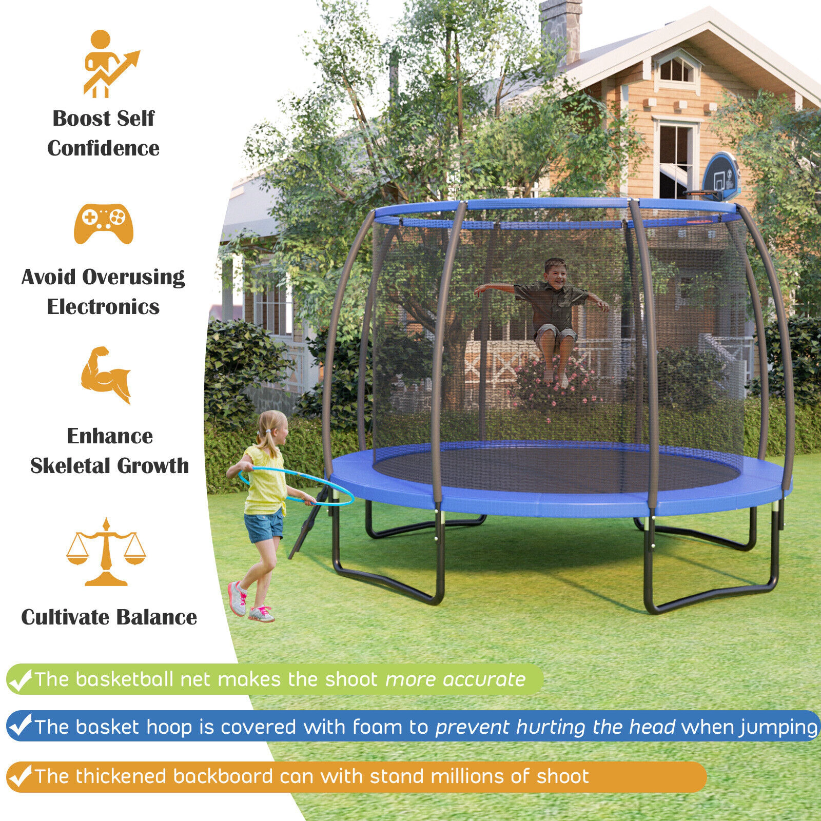 12-ft Trampoline Basketball Hoop Safety Enclosure Net 400-lb Capacity Hot-Dip Galvanized U-Shaped Legs Outdoor Blue