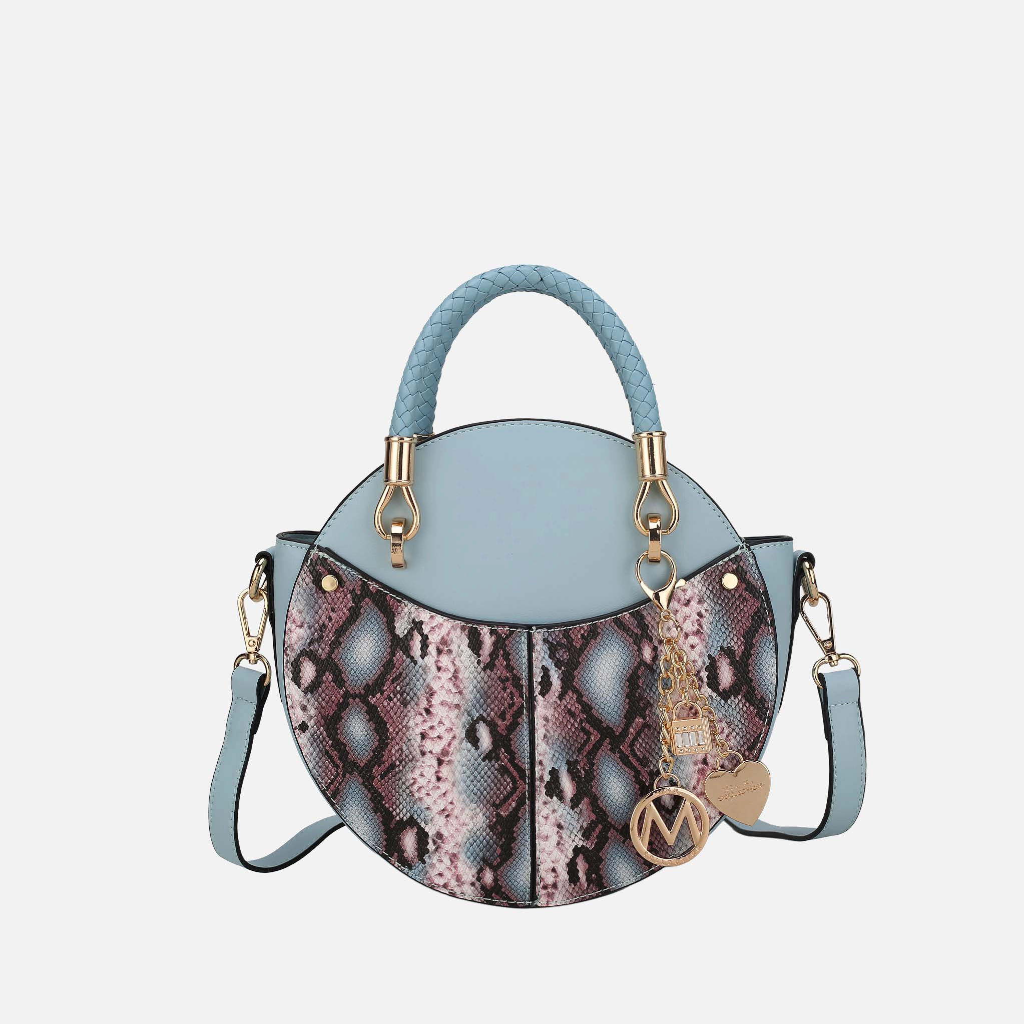 MKF Collection Camille Round Crossbody Bag - Snake Embossed Vegan Leather, Denim