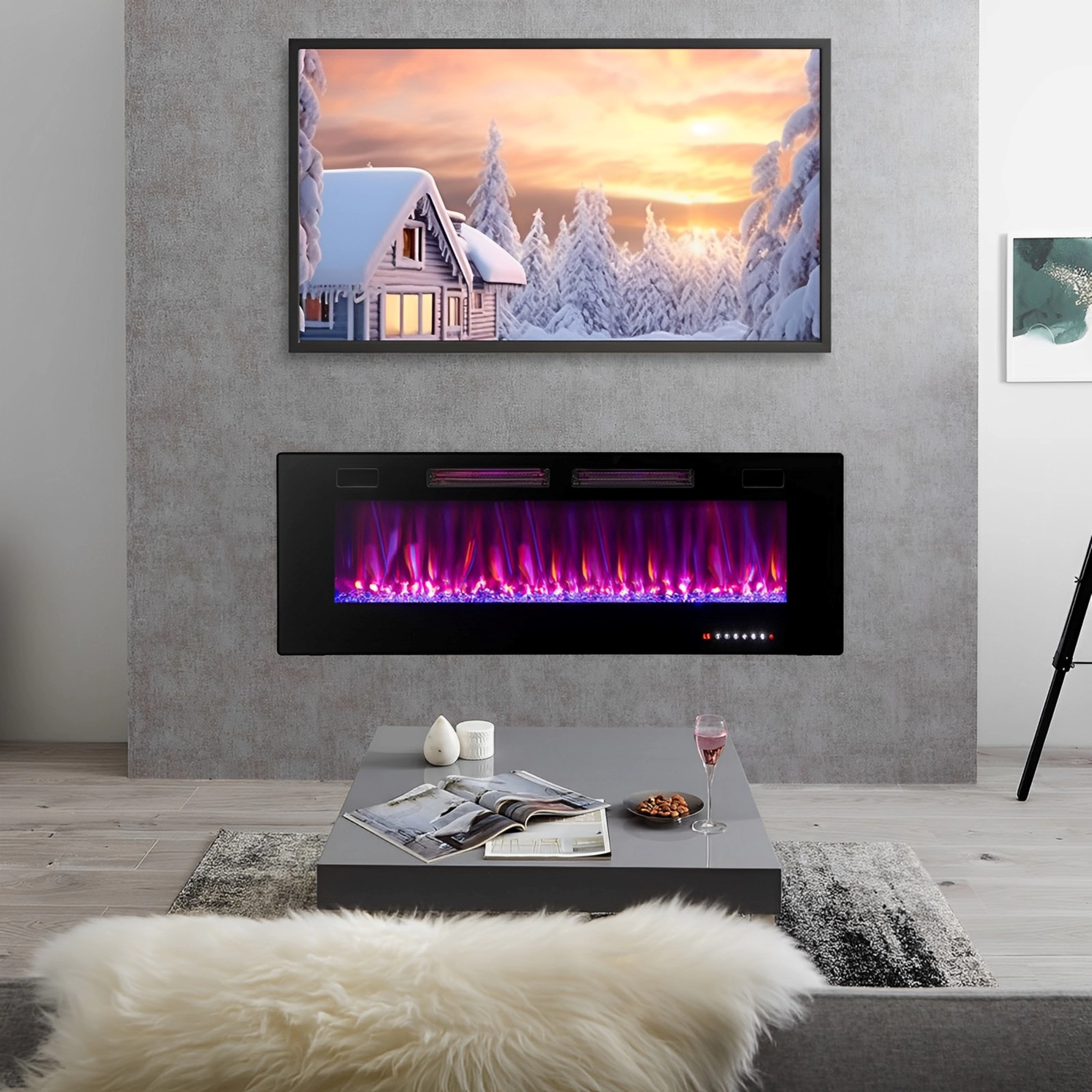 SUGIFT 50-Inch Ultra-Thin Electric Fireplace, 5100 BTU, Wall-Mounted or Recessed, Decorative Crystals