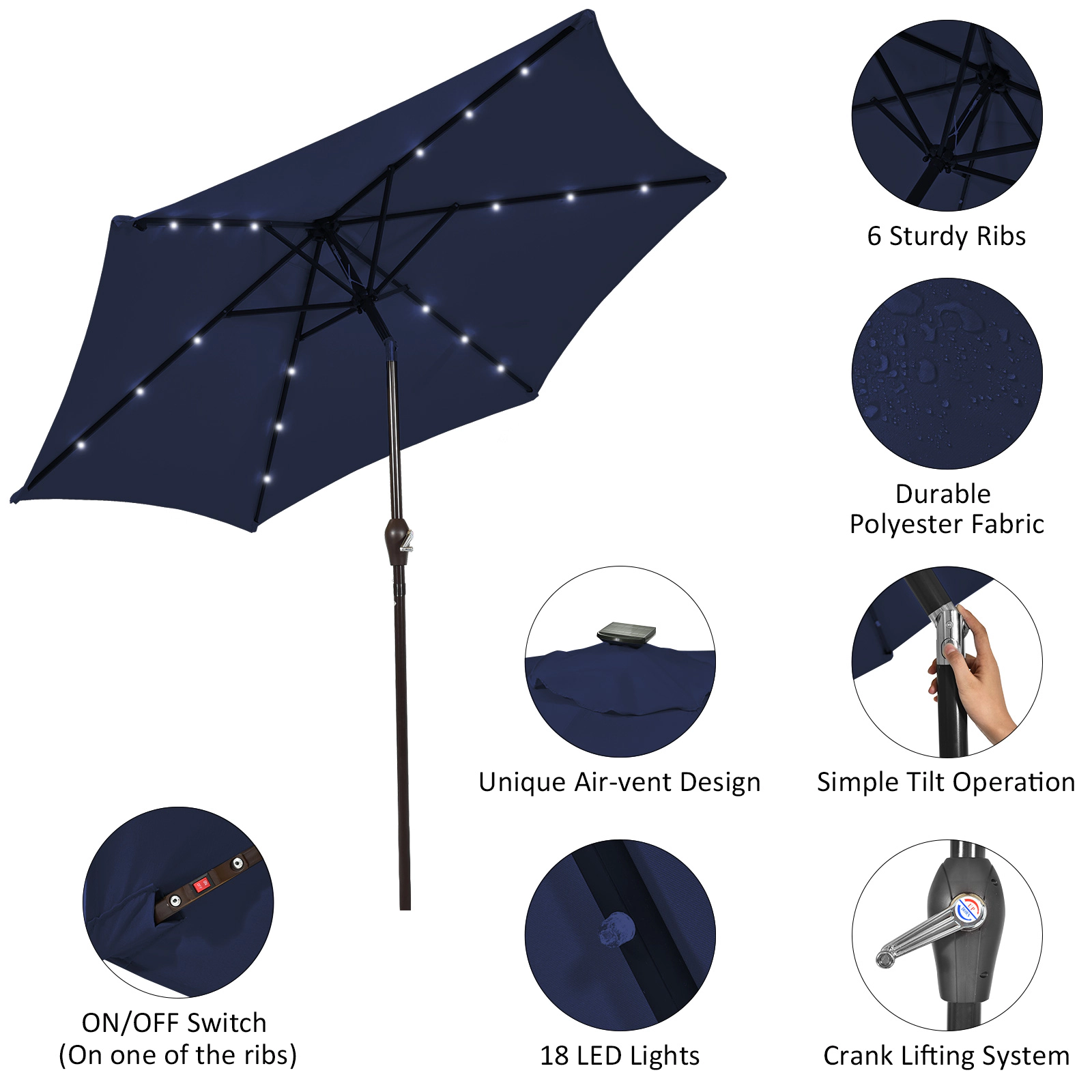SUGIFT 10-ft Solar LED Lighted Outdoor Patio Umbrella with Crank Lift, Push-Button Tilt and Vented Canopy Dark Blue