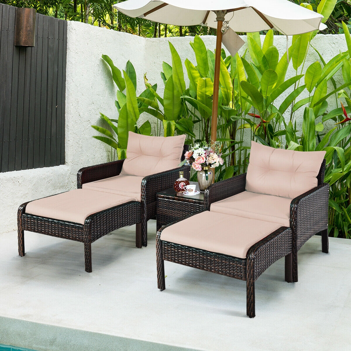LJG 5 Pieces Patio Rattan Furniture Set Sofa