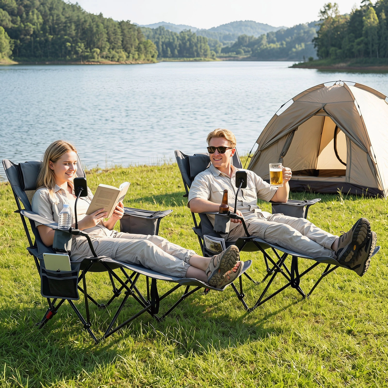 SUGIFT 2-in-1 Reclining Camping Chair with 3-Level Adjustable Backrest 330-lb Capacity Green Black Gray