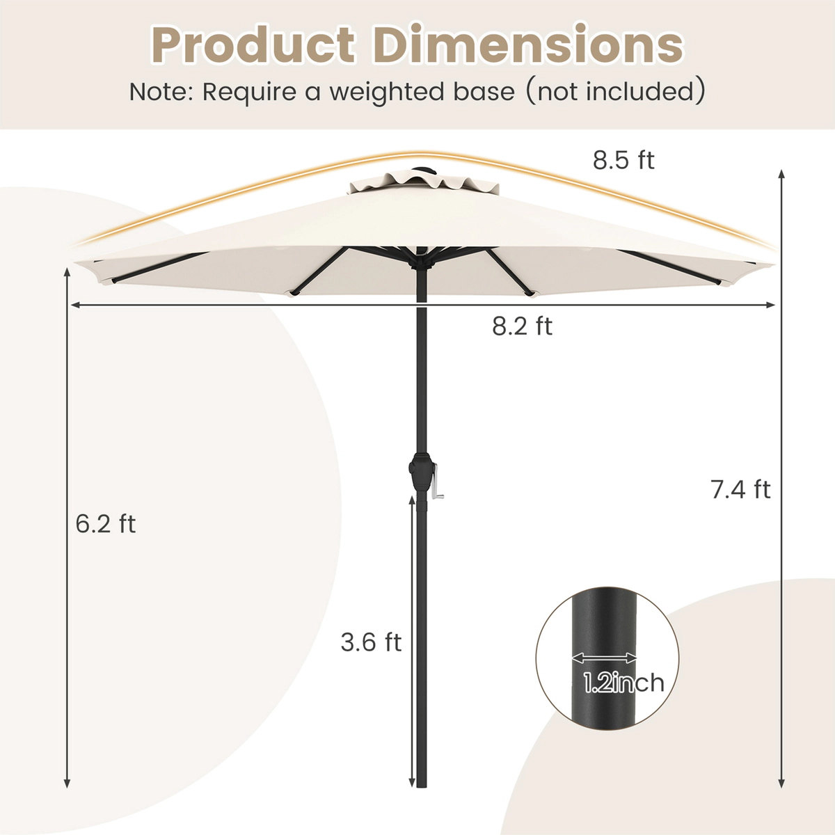 SUGIFT Heavy Duty Market Patio Umbrella with Crank Handle and 8 Metal Ribs 8.5-ft Square Canopy 2-Piece Pole Beige