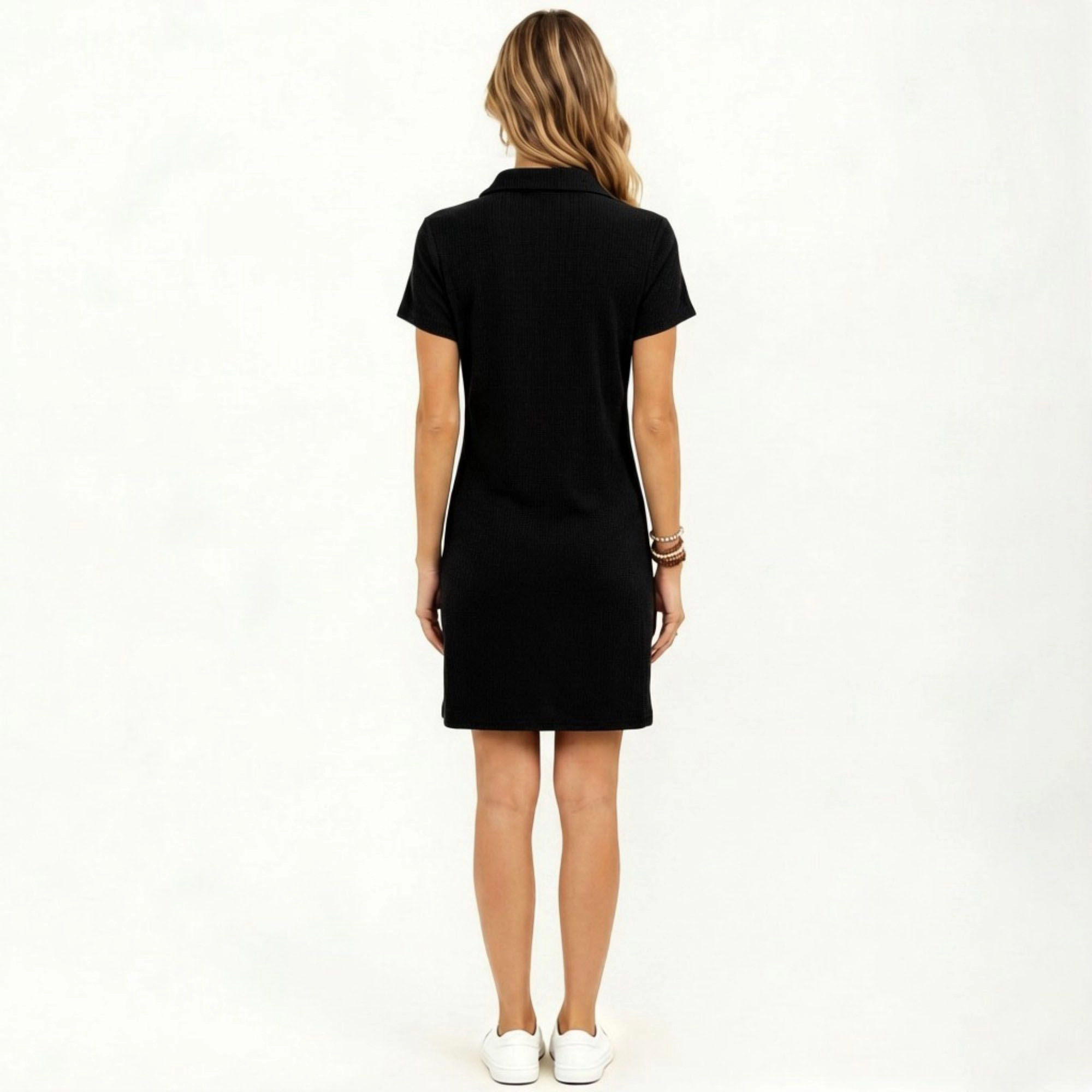 Anna-Kaci Women's Short Sleeve Collared Split V Neck Textured Knit Relaxed Fit Casual Mini Dress