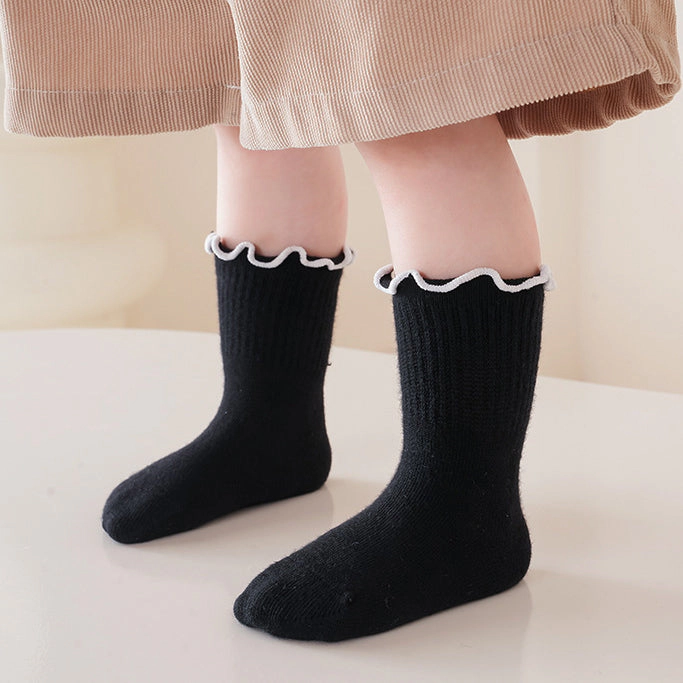 MyKids-USA Baby Girls Beige Ruffle Fringe Crew Socks