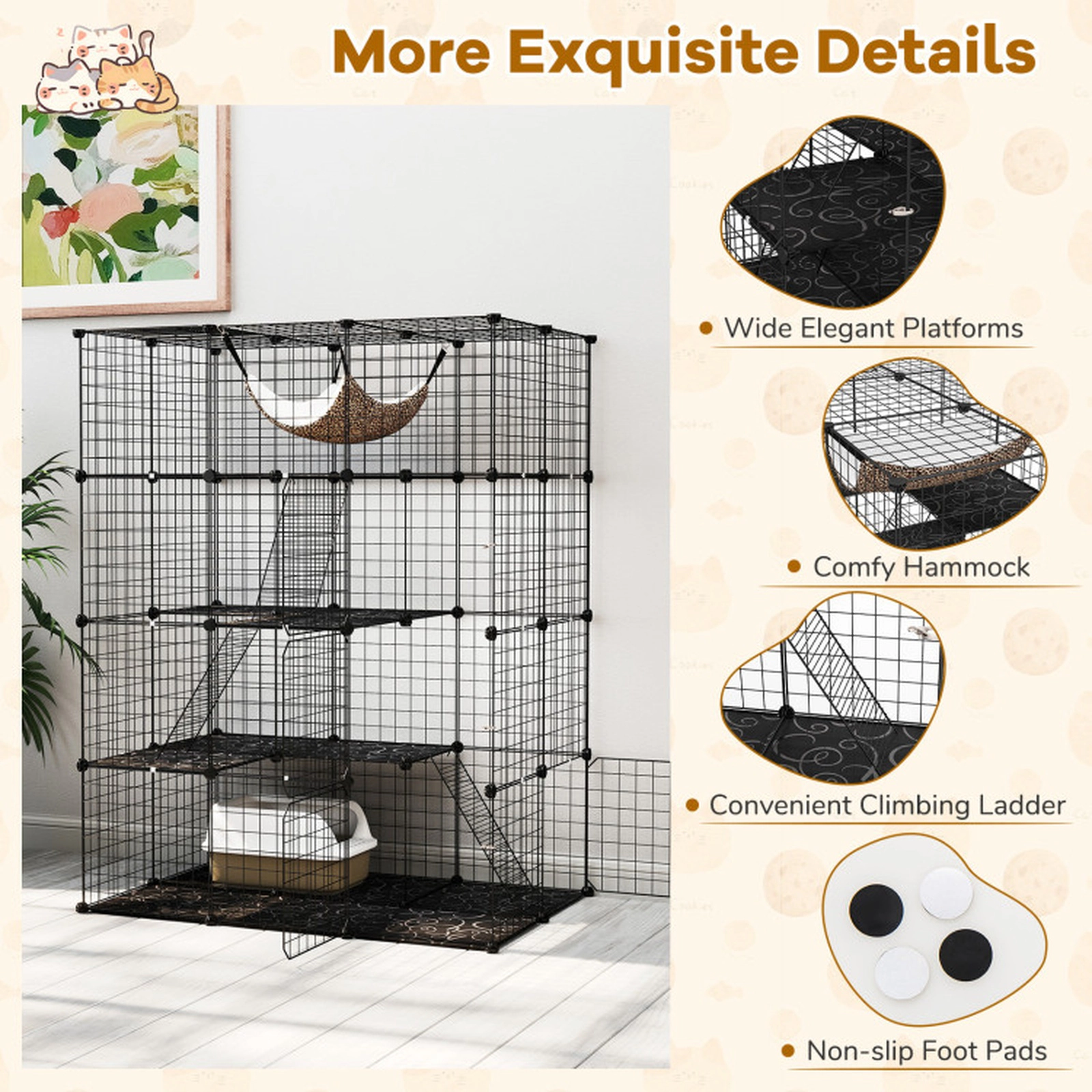 SUGIFT Black 4-Tier Cat Cage Pet Playpen with Skylight and Hammock 43-in W 29-in D 56-in H 11-lb Per Panel