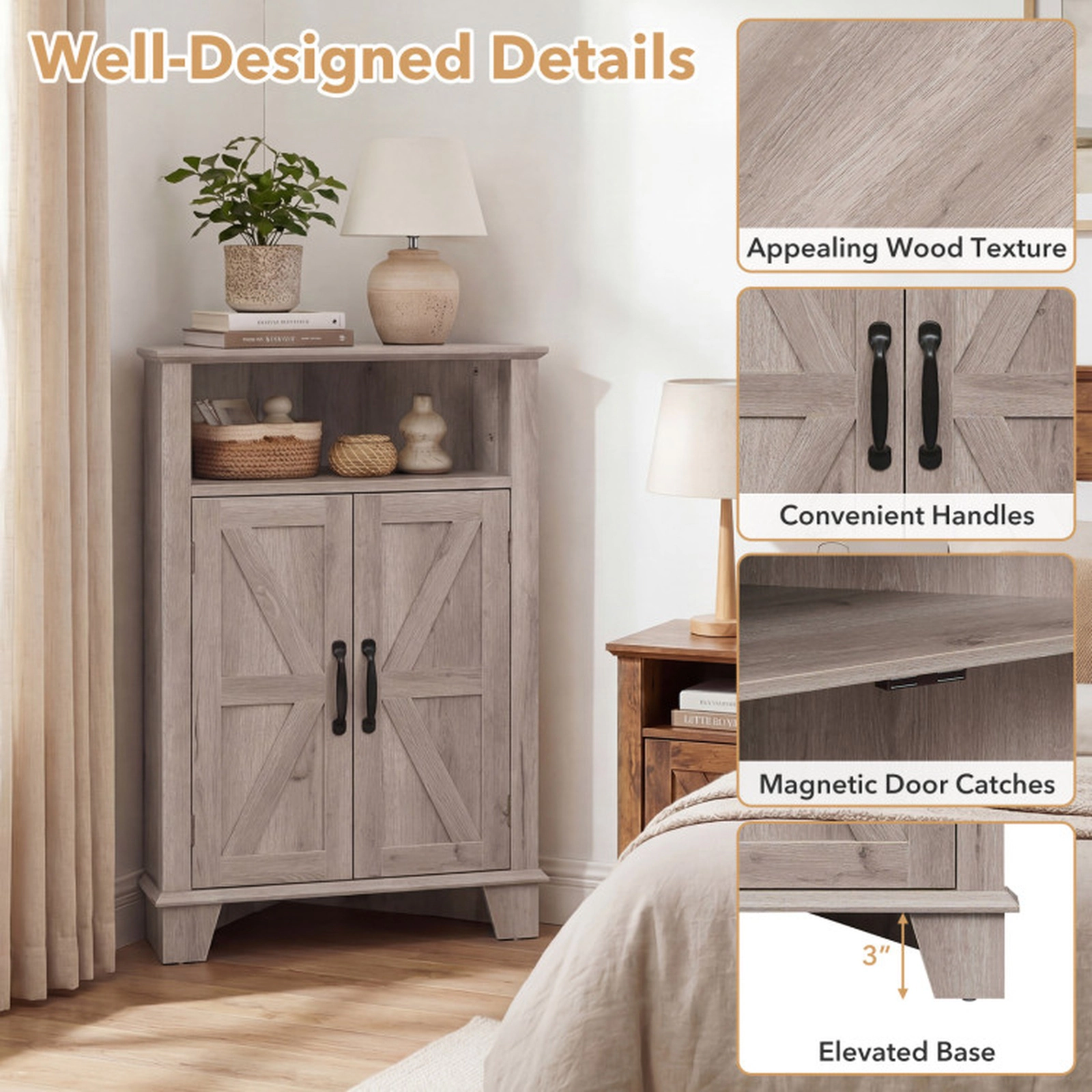 SUGIFT 4-Tier Corner Storage Cabinet with Open Shelf 100-lb Top Capacity 33-lb Shelf Capacity Gray