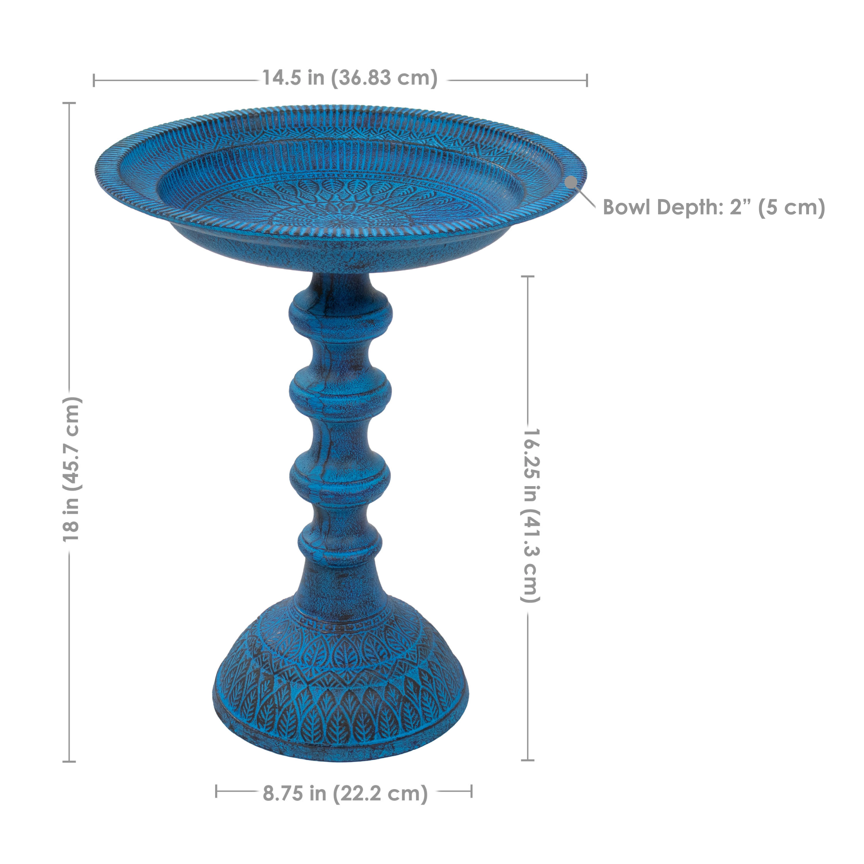 Sunnydaze Backyard Beauty Metal Bird Bath for Outside, 18” H, Blue Patina
