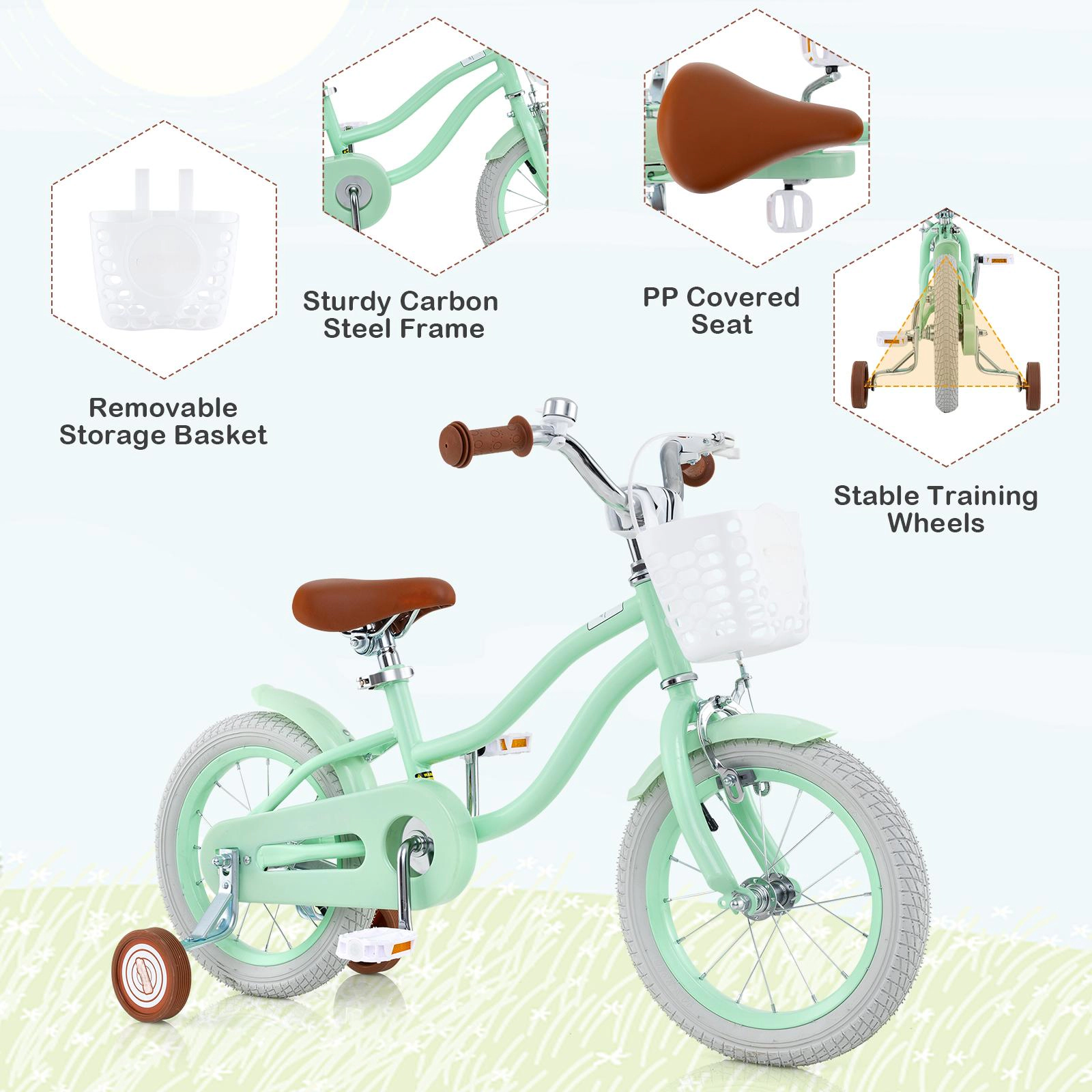 SUGIFT Mint Green Adjustable Seat Bell Removable Basket and Chain Guard Kids 14 Inch Bike