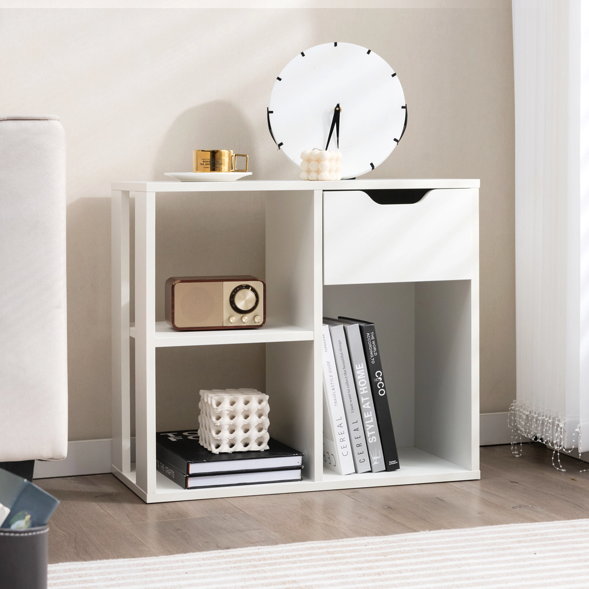 Costway 3-Cube Bookcase Organizer with 2-tier Wooden Storage Shelf & Pull-out Drawer