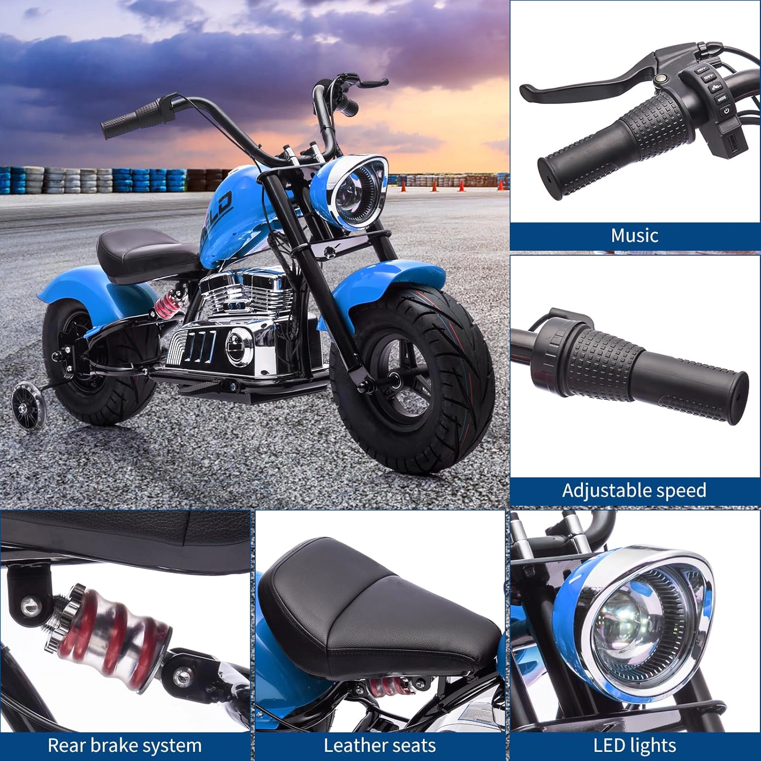 Enjyam 36V 350W Kids Electric Dirt Bike, w/Removable Training Wheels, 16.5MPH Max, LED Lights,Music, Leather Seat