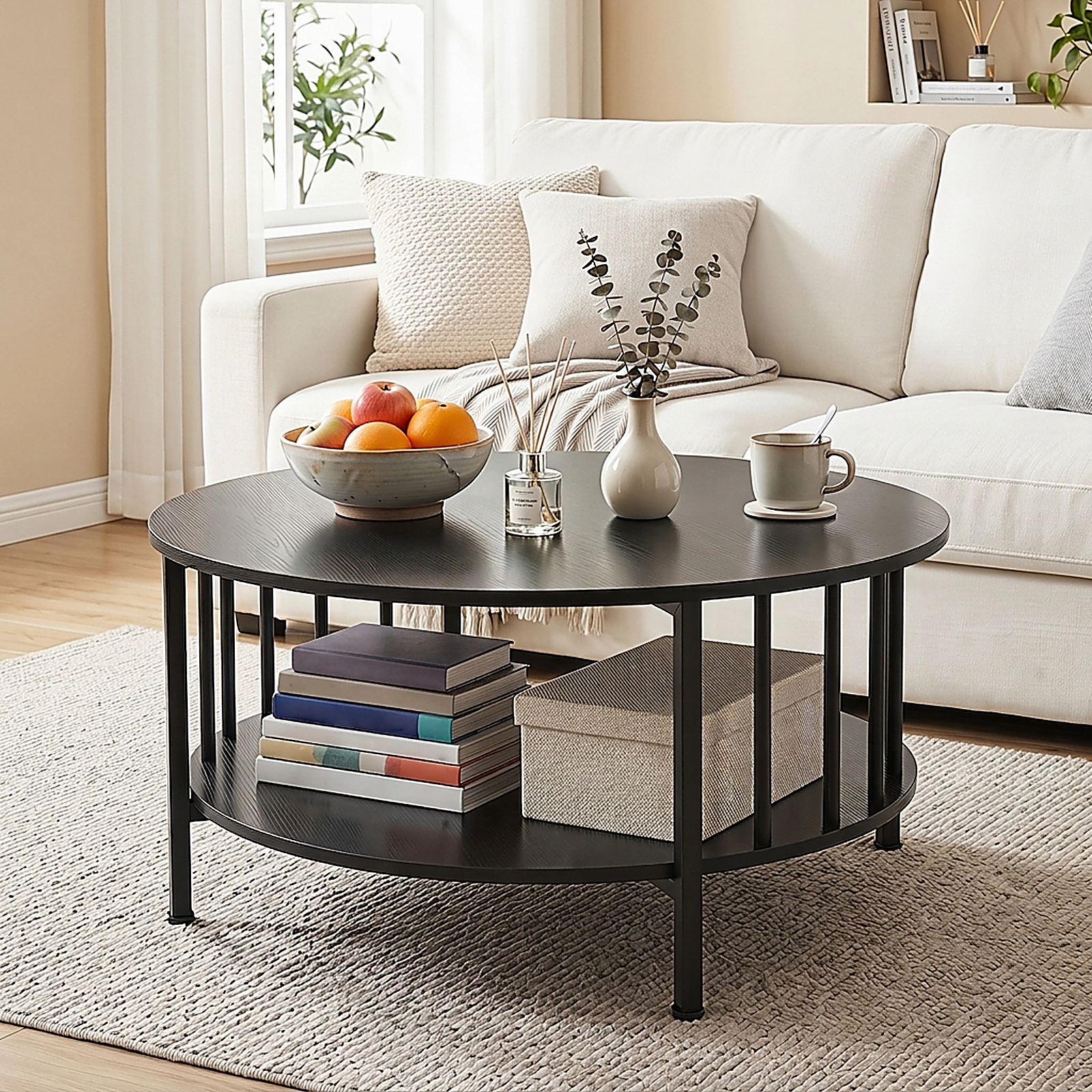 SUGIFT 2-Tier Round Coffee Table with Storage Shelf and Metal Accents 220-Lb Tabletop Capacity Black Walnut-Black