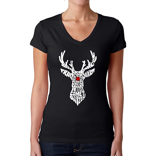 LA Pop Art Womens Word Art V-Neck T-Shirt - Santa's Reindeer