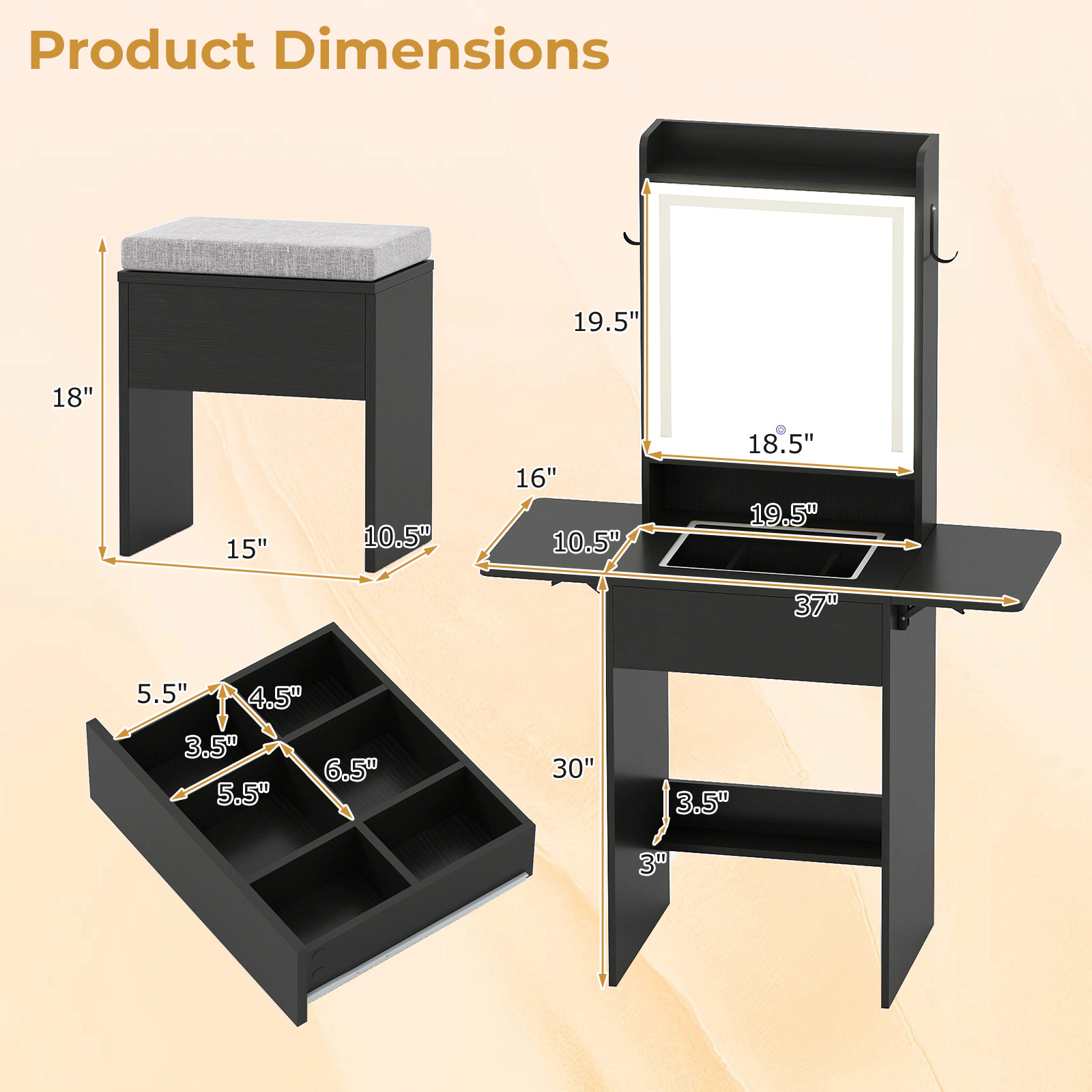 SUGIFT Space-Saving Vanity Desk with LED Mirror, Charging Station and Storage Stool 44-lb Tabletop Capacity 297-lb Stool