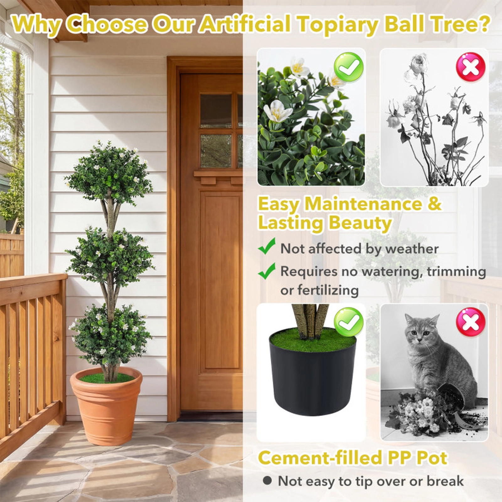 SUGIFT 51-in Artificial Triple Ball Boxwood Topiary Tree with 59 White Blossoms and Cement-Filled Pot