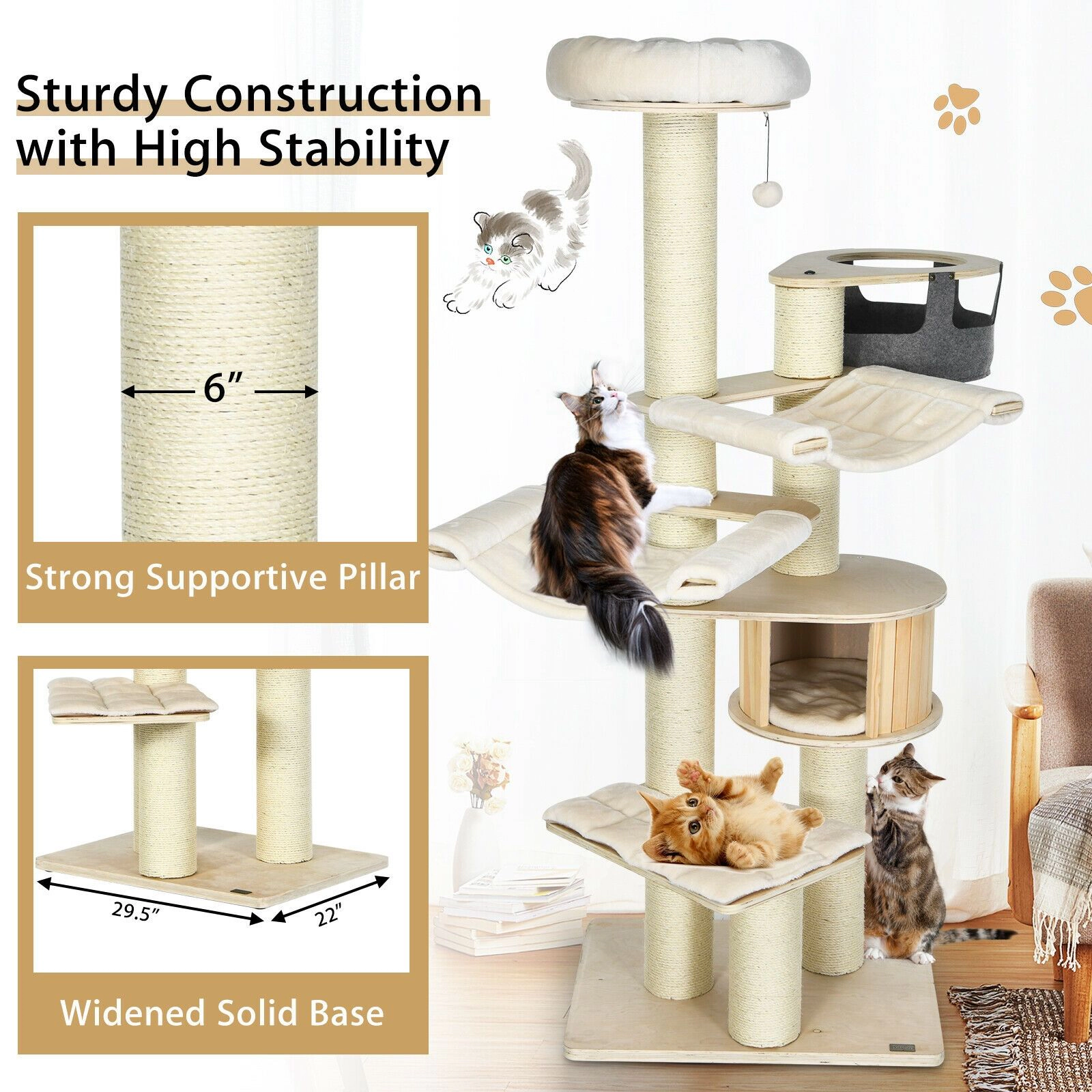 SlickBlue 77.5" Tall Cat Tree Tower with Perches and Hammocks