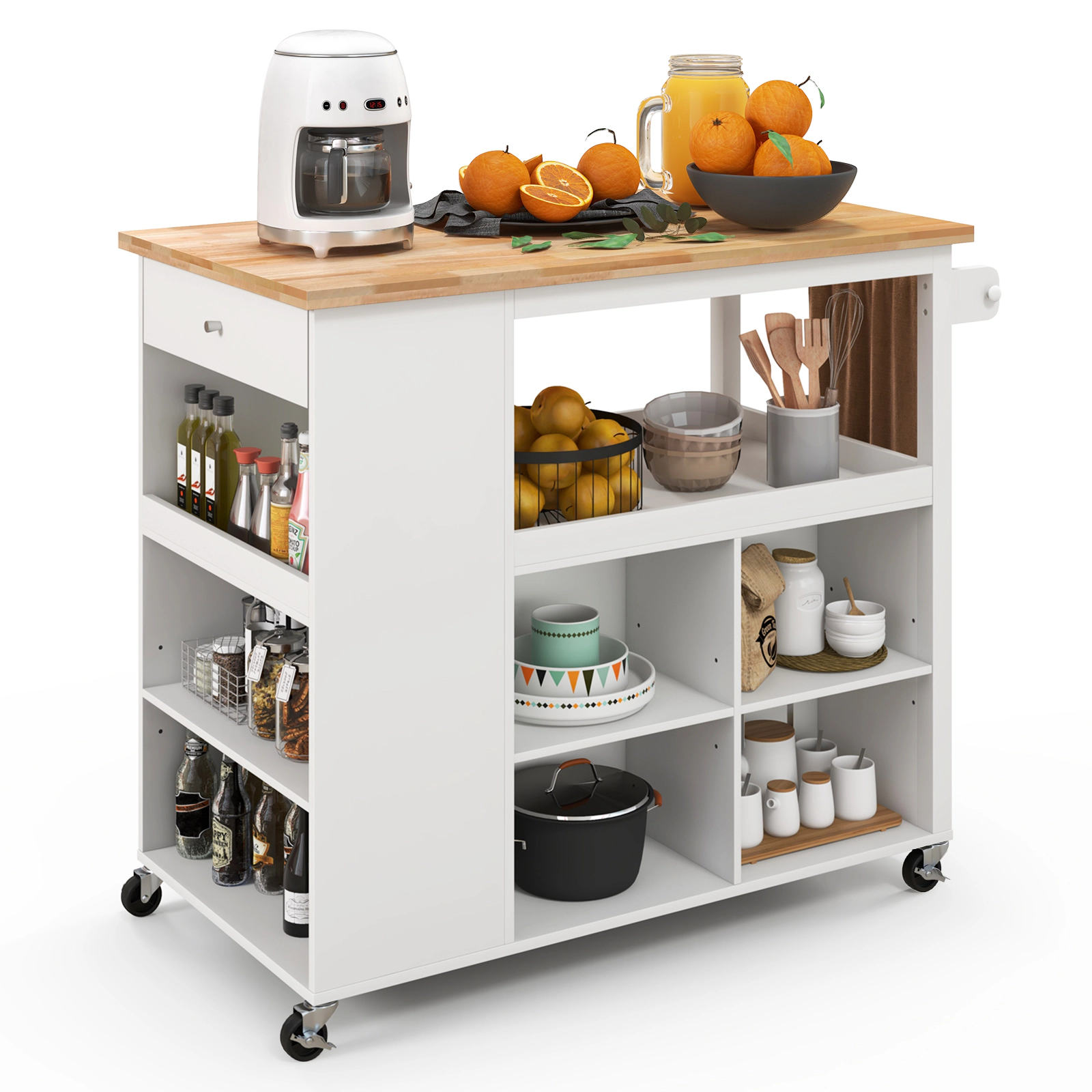 SUGIFT White Kitchen Island Trolley Cart on Wheels with 3-Position Adjustable Shelf and Slide-Out Drawer