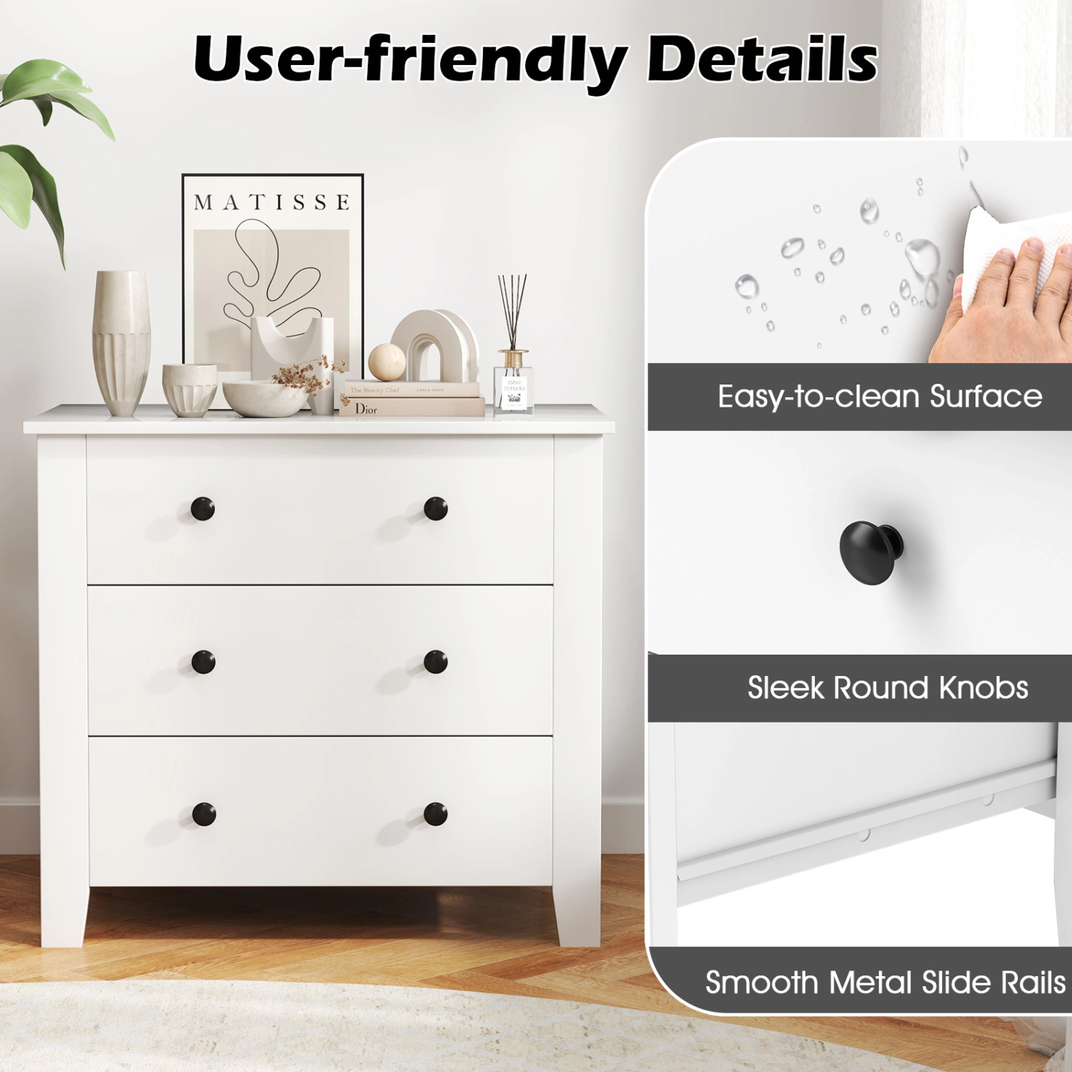 LJG 2-Pack 3 Drawer Dresser Chest of Drawers Bedside Table