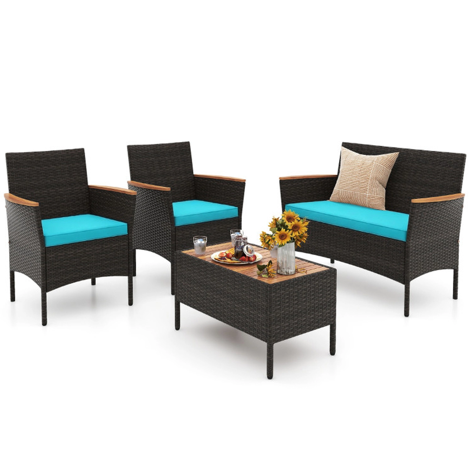 SUGIFT Turquoise Loveseat 2 Armchairs and Coffee Table 4-Piece Patio Wicker Sofa Set