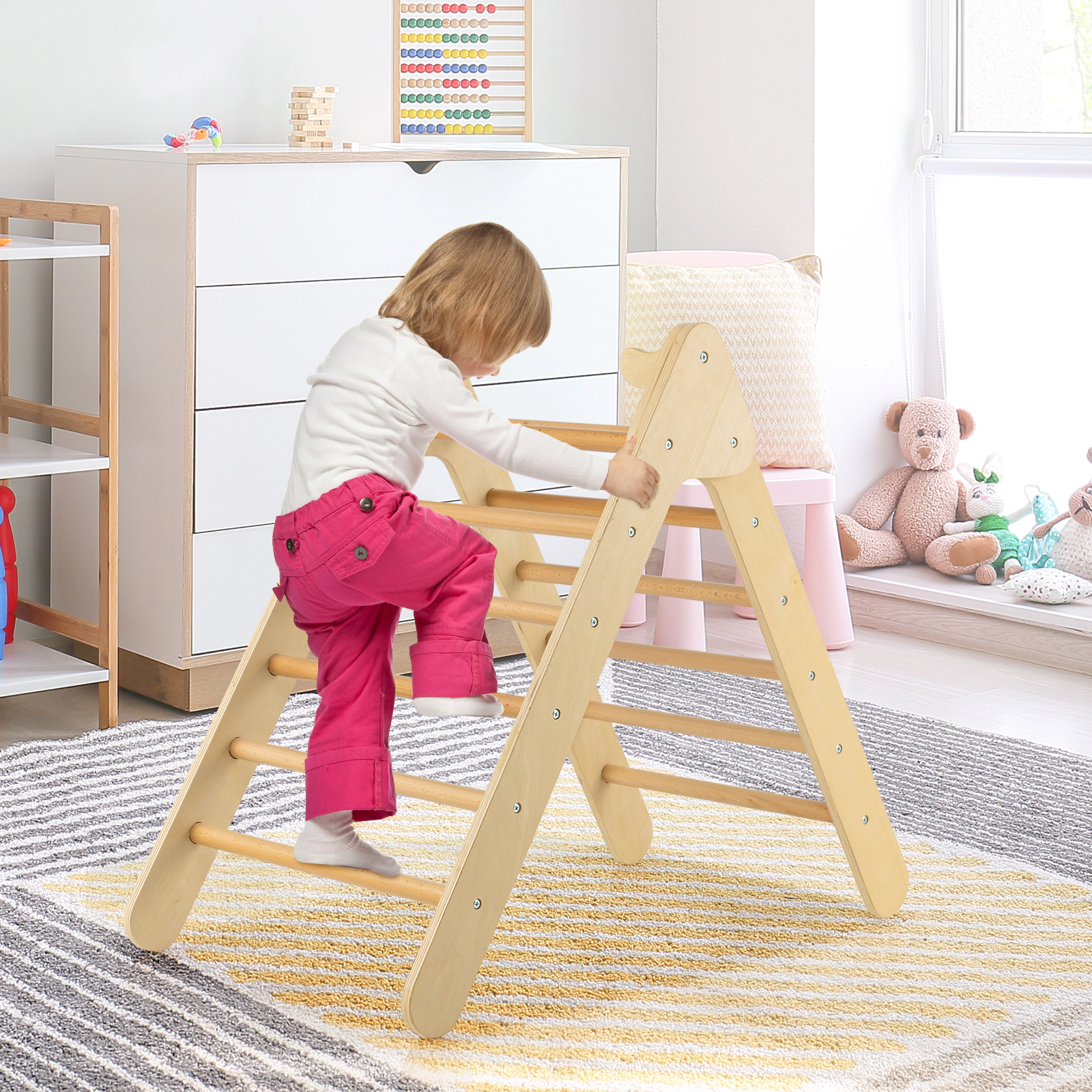 LJG Kids 2-in-1 Wooden Triangle Climber Set with Gradient Adjustable Slide