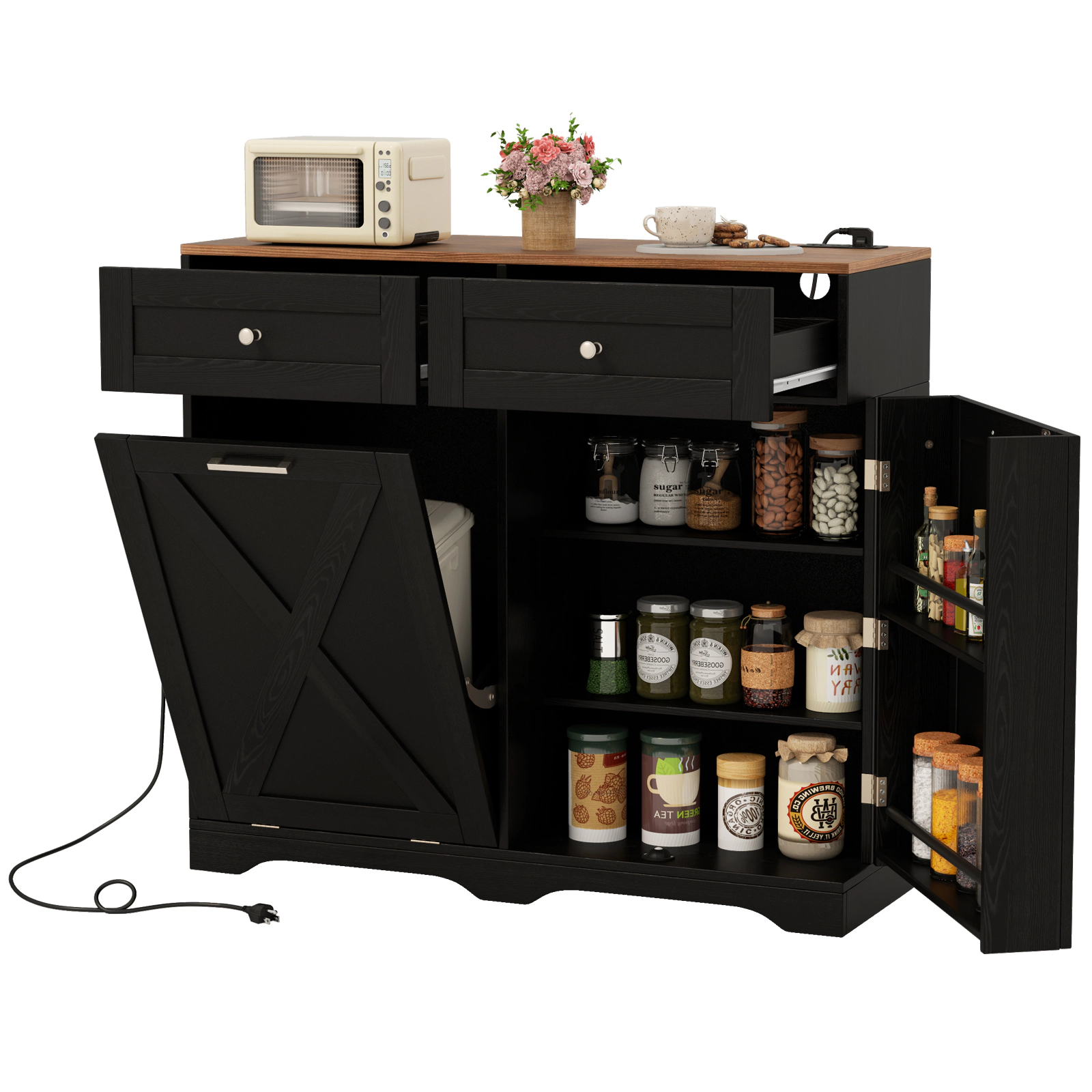 LJG Tilt Out Trash Can Cabinet with Outlets and Adjustable Shelf