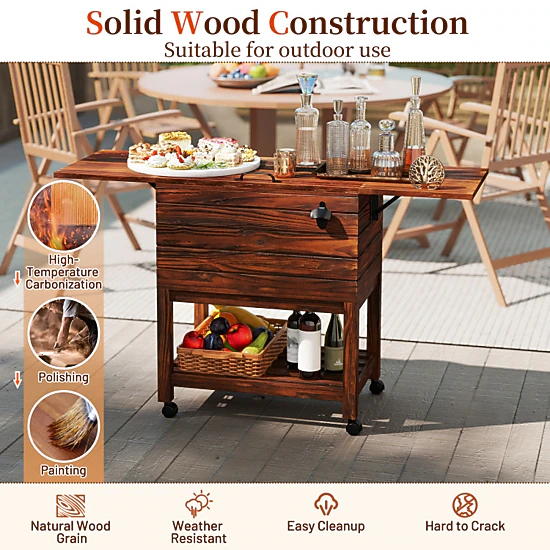 SUGIFT 54-qt Rustic Brown Wooden Rolling Cooler Cart Ice Chest with Bottle Opener and Lockable Wheels