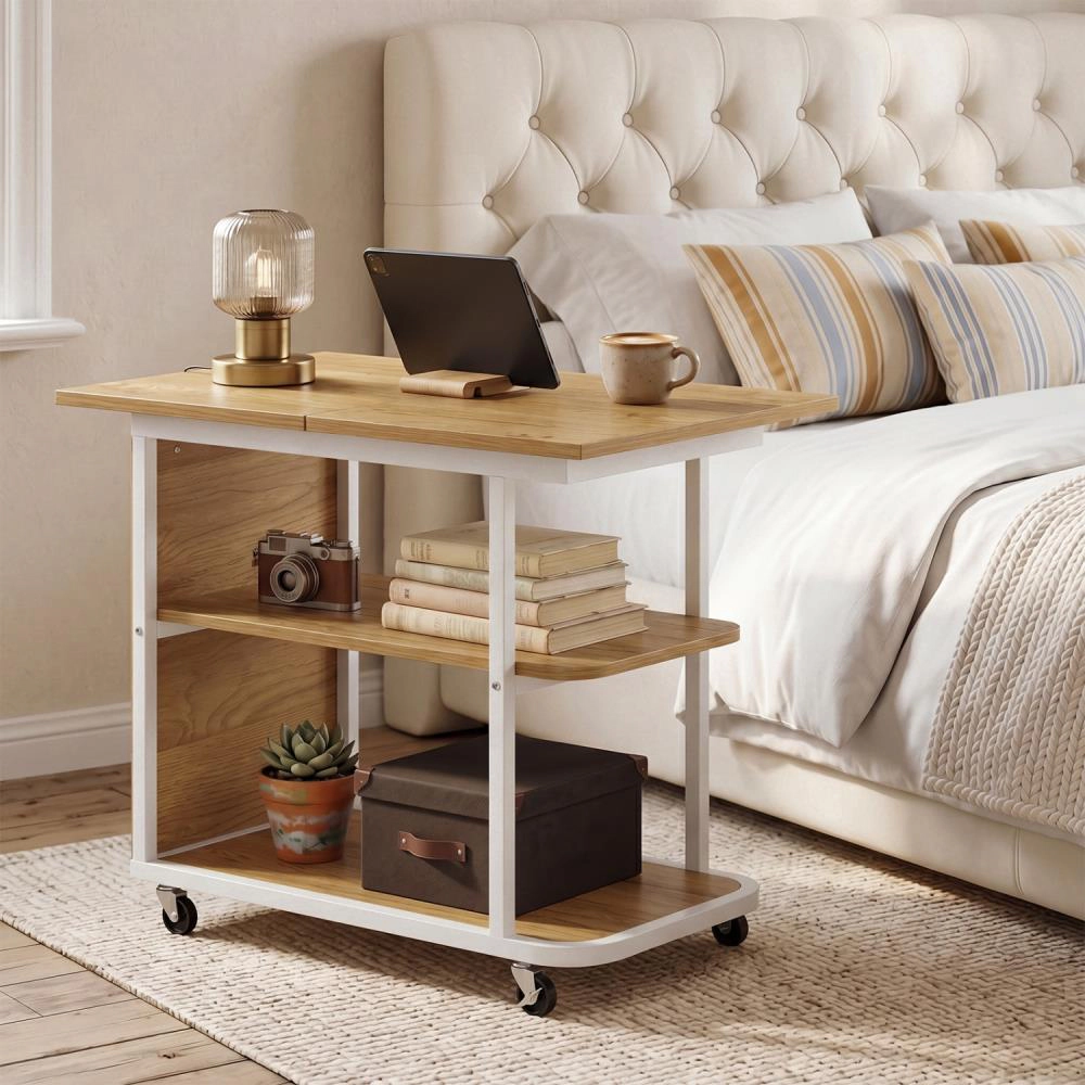 Hivvago Mobile Night Stand With Foldable Swivel Top And 2-Tier Shelf For Small Spaces
