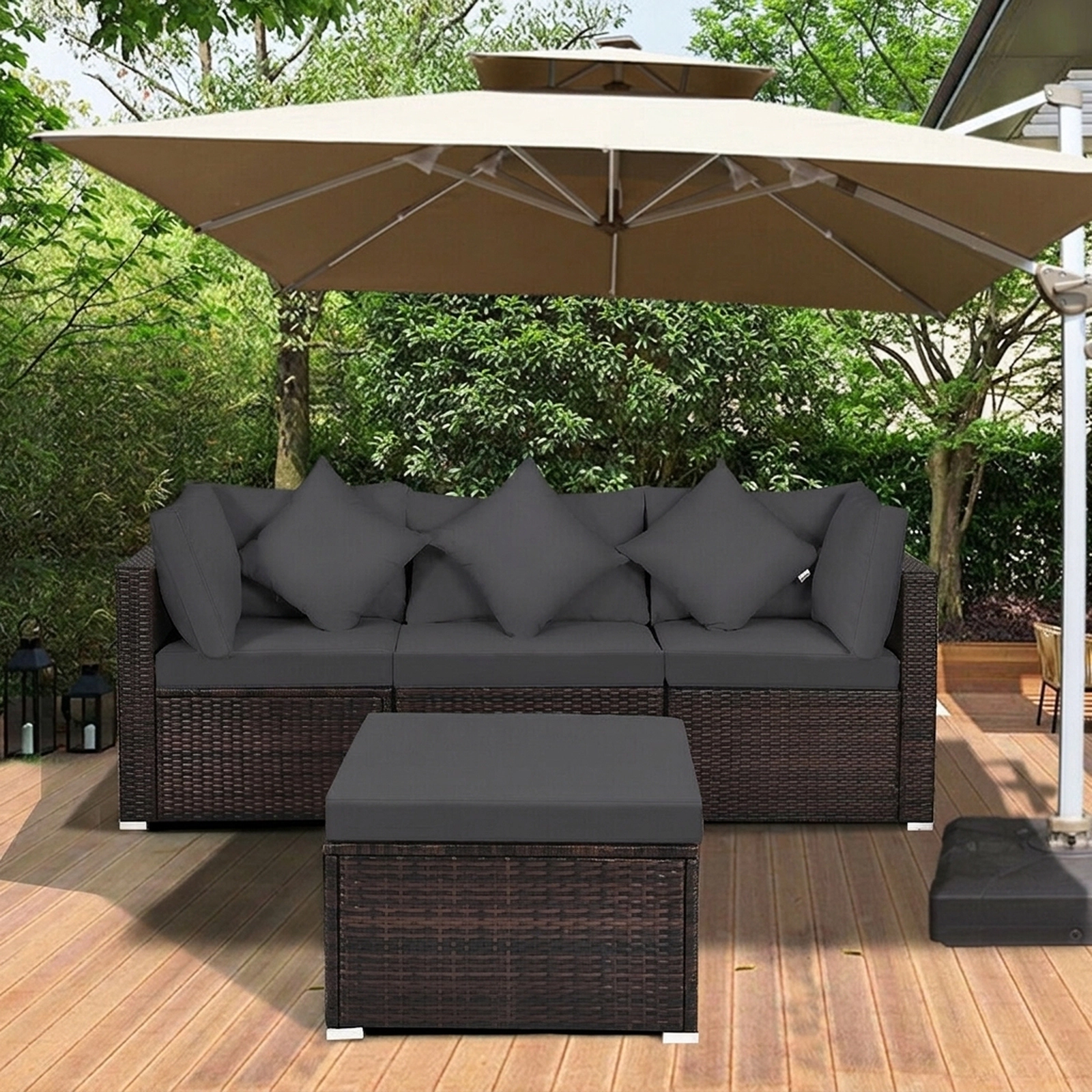 SUGIFT 4 Piece Patio Rattan Wicker Furniture Set Gray with Ottoman and Cushions