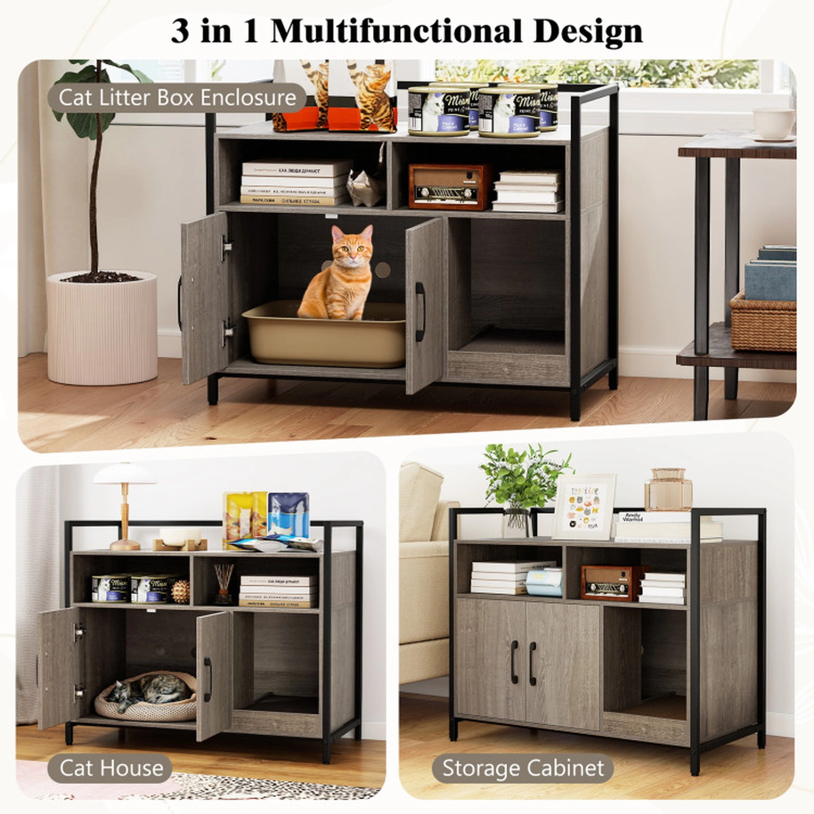 SUGIFT 35 x 29.5-in 110-lb Tabletop Capacity Oak Hidden Cat Litter Box Enclosure with Double Doors and Scratch Board