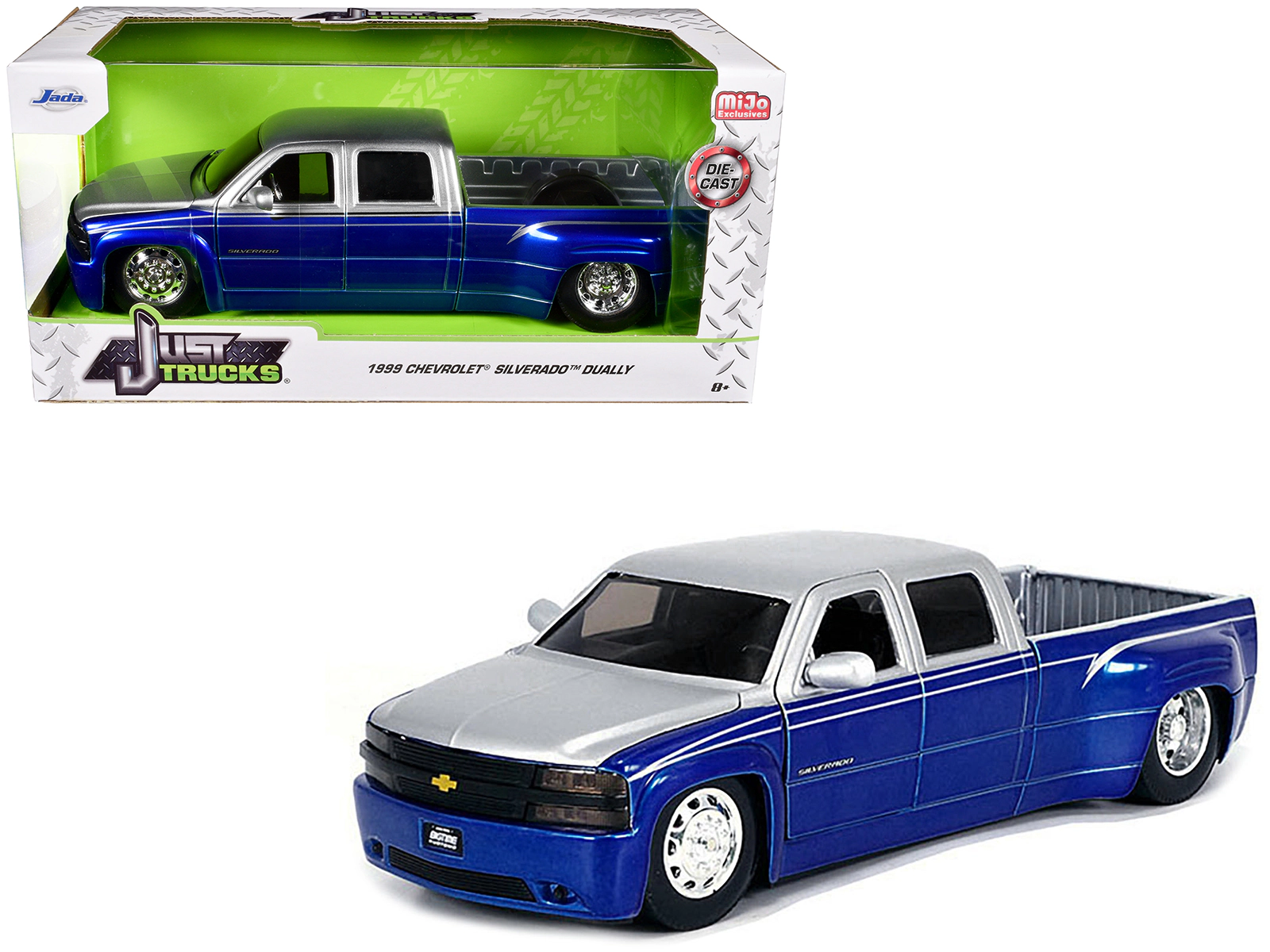 Jada 1999 Chevrolet Silverado Dually Pickup Truck Blue Metallic and Silver with Stock Wheels "Just Trucks"