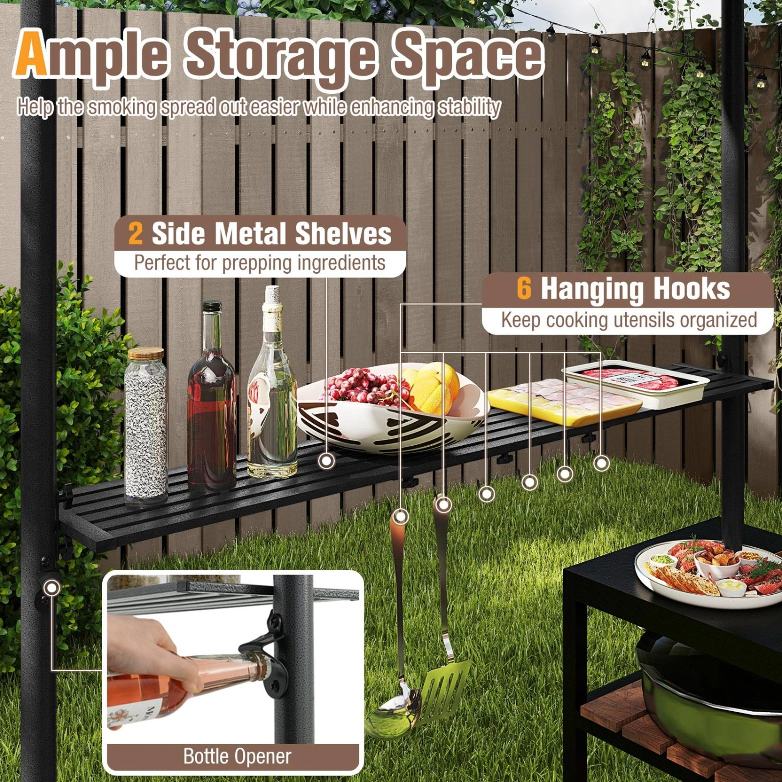 SUGIFT 8-ft x 5-ft Gray Grill Gazebo BBQ Canopy with Double-Tiered Roof 2 Side Shelves and 6 Hooks