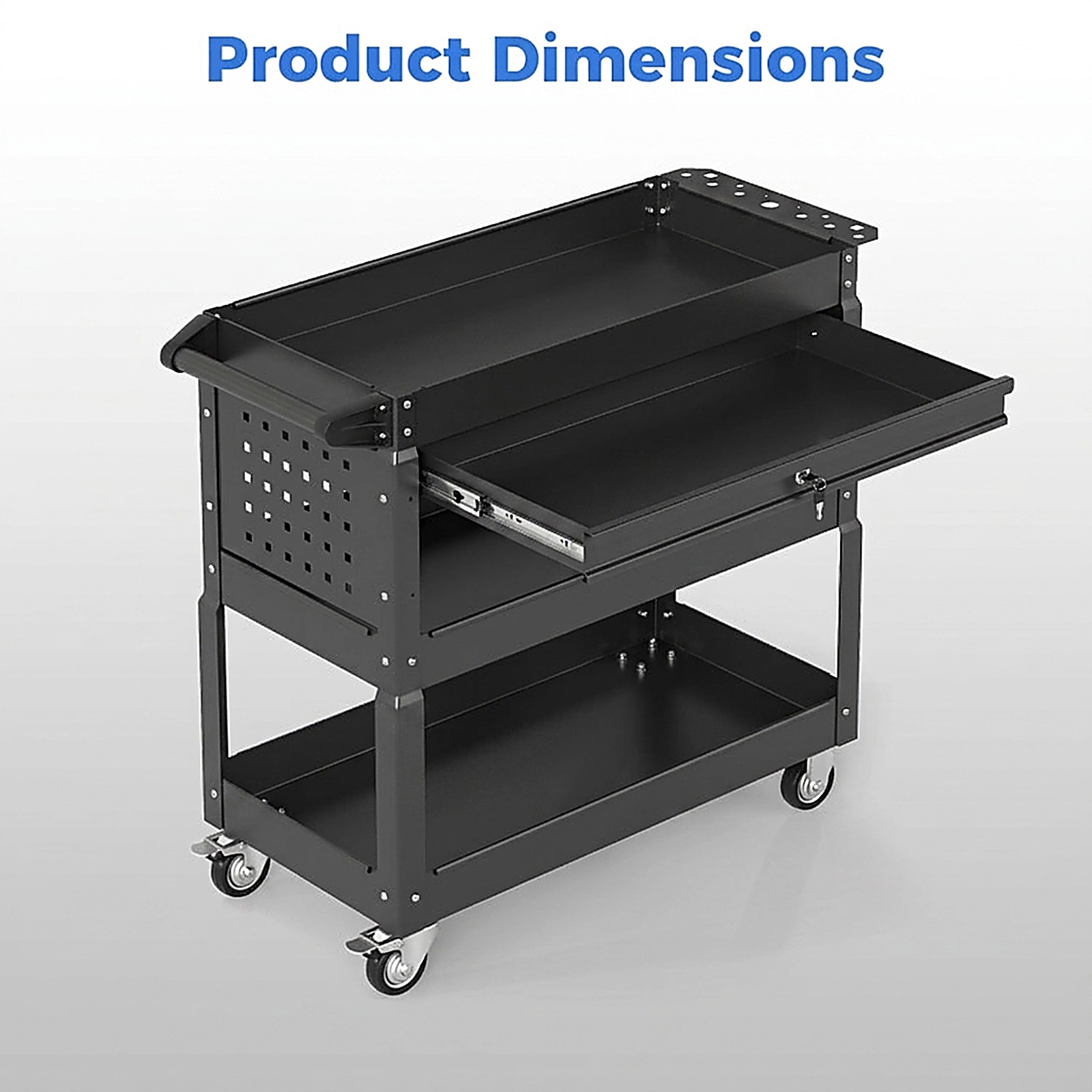 SUGIFT 3-Tier 350-lb Capacity Rolling Tool Cart with Lockable Ball-Bearing Drawer 2 Pegboards and 4 Hooks