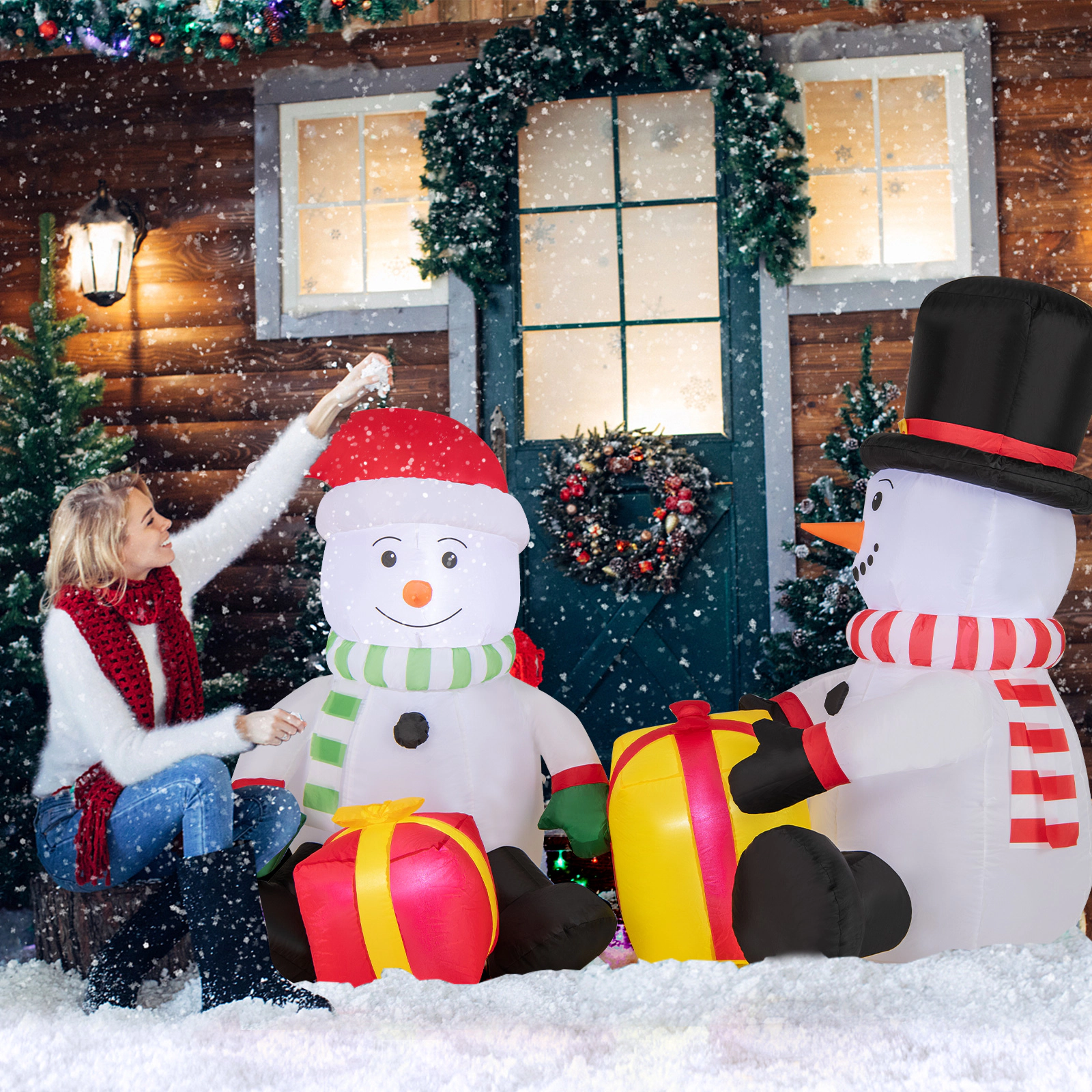 SUGIFT Multicolor 5 Feet Christmas Inflatable with 2 Snowmen Gift Boxes and LED Lights 79-in W 43.5-in D