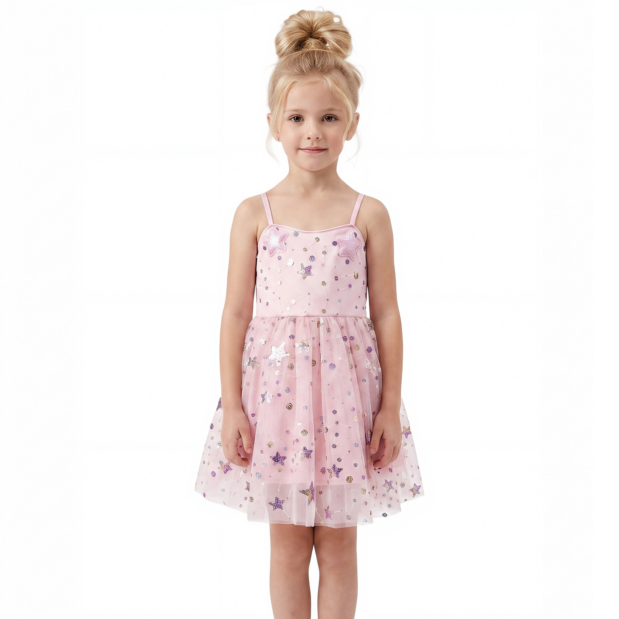 2Bunnies Girls 3T-8Y Sequin Star Applique Spaghetti Strap Tulle Party Dress
