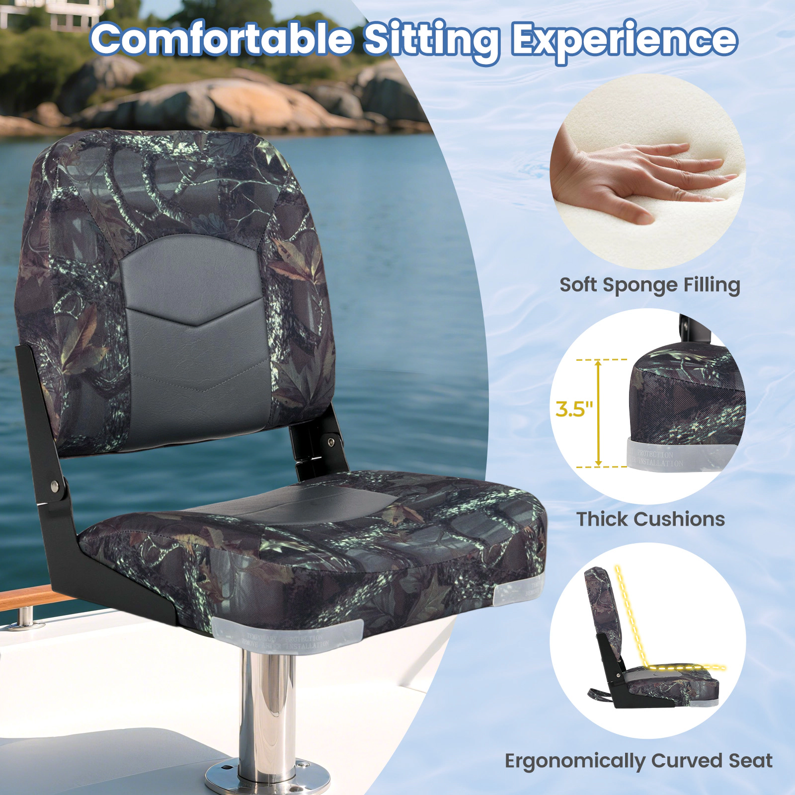 SUGIFT 2-Pack Camouflage Boat Seats with 3.5-in Thick Sponge Padding 16-in W 19-in D 18-in H 330-lb Seat Capacity