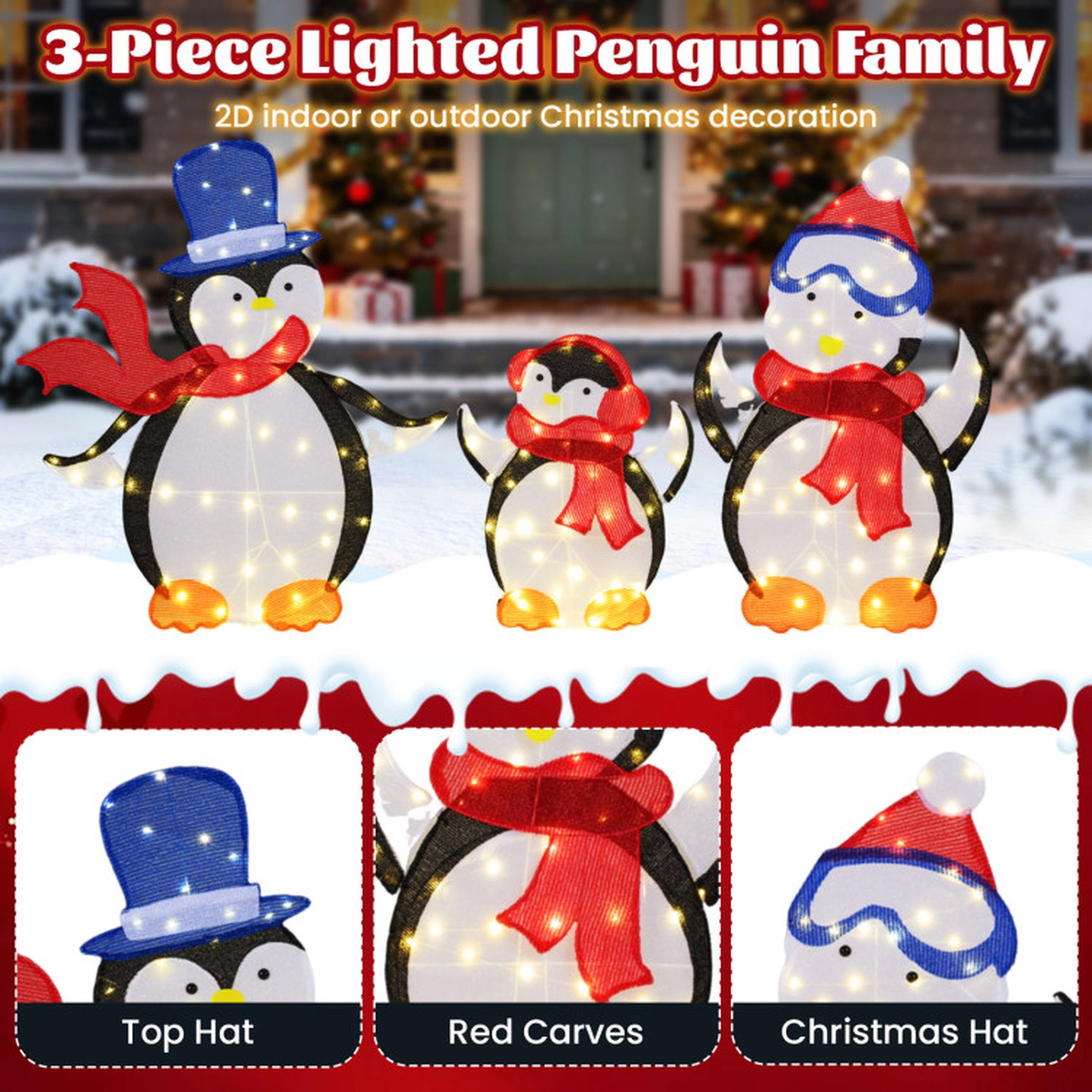 SUGIFT 3-Piece Multicolor 2D Lighted Penguin Family with 160 LED Lights 47-in H Dad 44-in H Mom 28-in H Baby