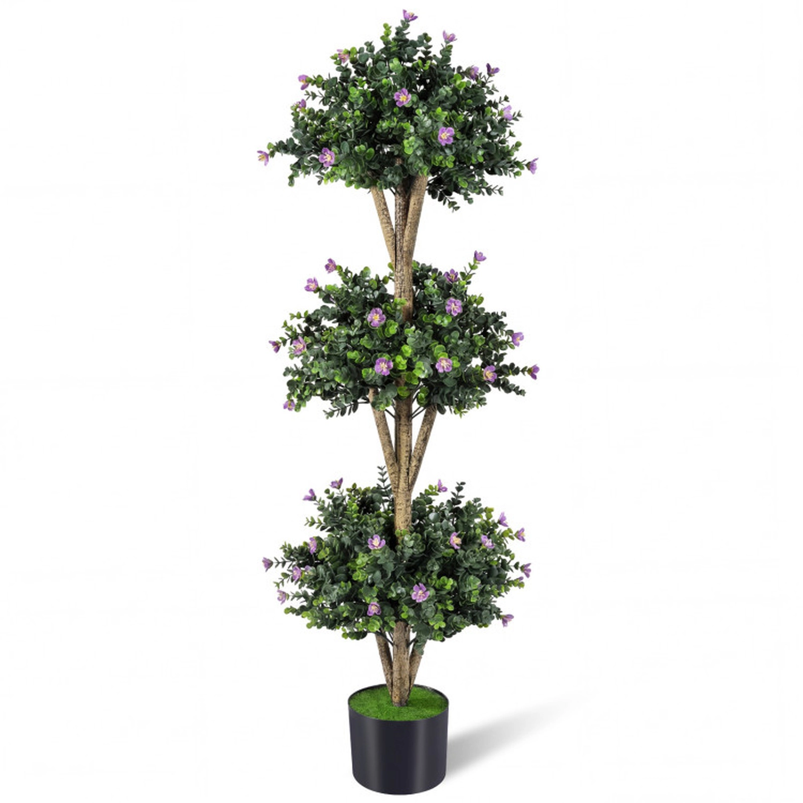 SUGIFT Triple Ball 59 Blossoms Cement-Filled Pot Artificial Boxwood Topiary Tree 51-in Tall 7-in Pot 11.5-lb Purple