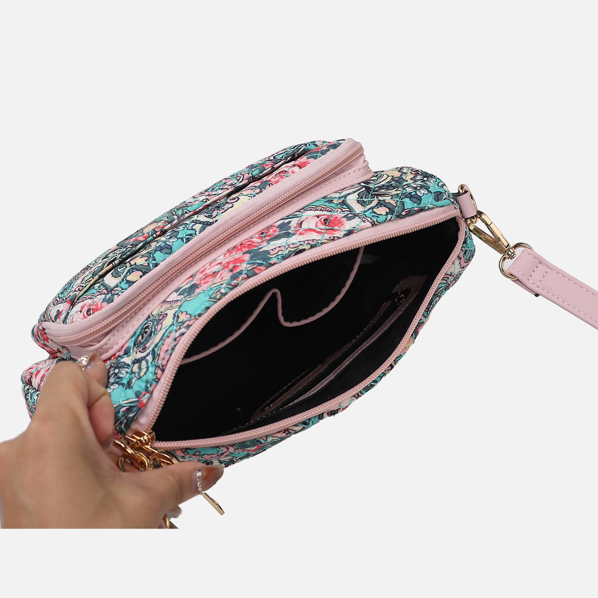 MKF Collection by Mia K.  Rosalie Shoulder Bag - Quilted Botanical Cotton with Adjustable Vegan Leather Crossbody Strap