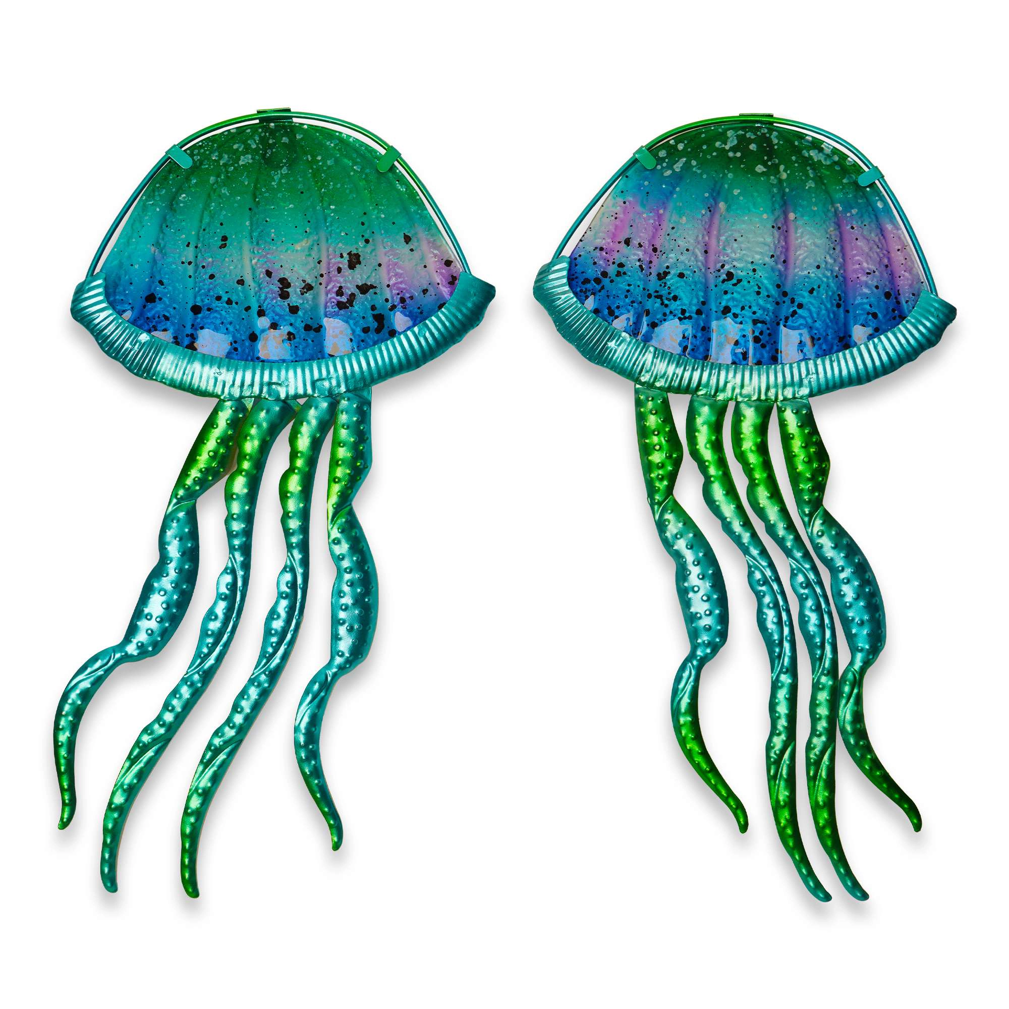G128 Jellyfish Metal and Glass Wall Art 15 x 8 inch - Hand-Painted Coastal Wall Hanging for Indoor Outdoor Decor