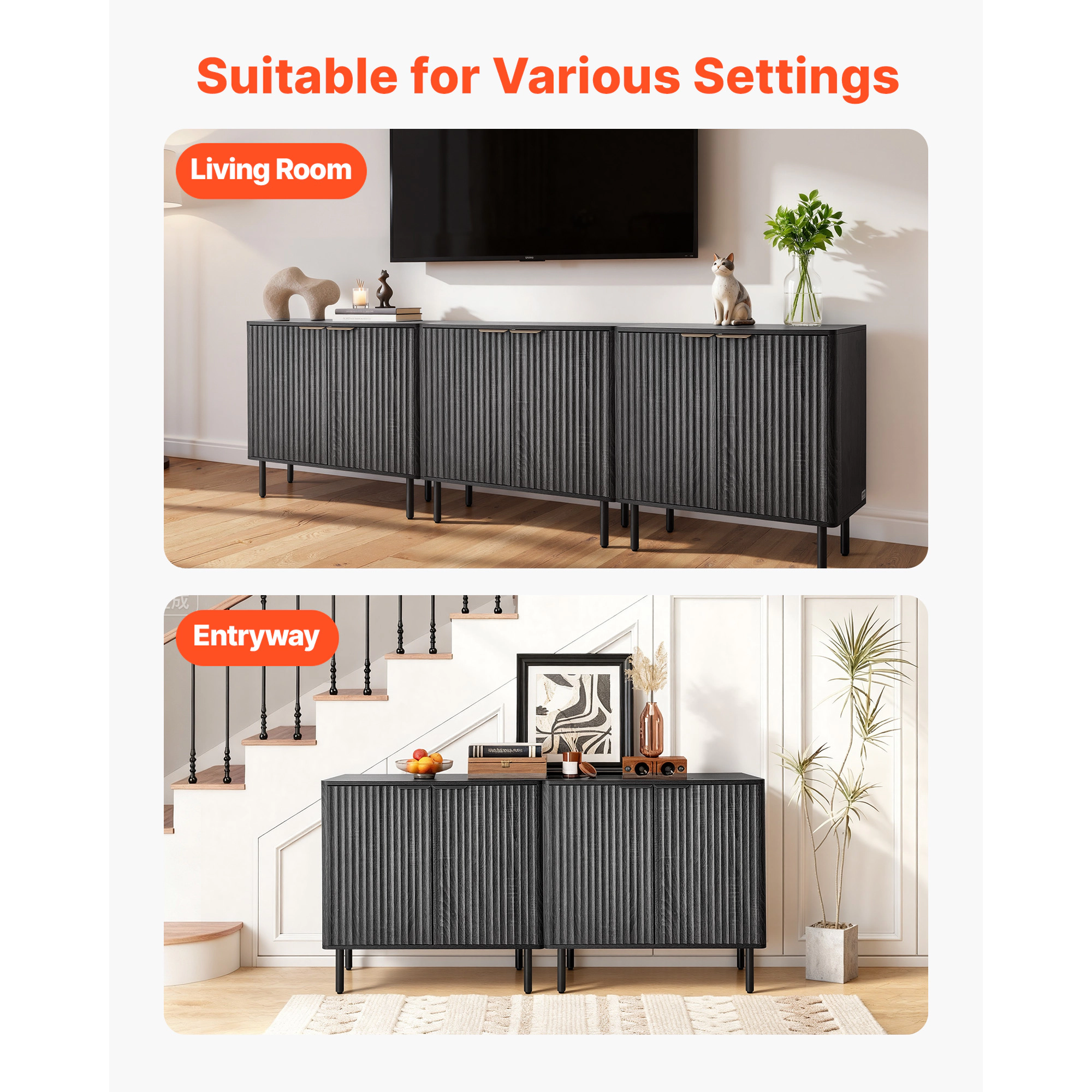 HONGGE Coffee Bar Cabinet Mid Century Fluted Table with 2-Tier Storage Buffet Stand Barn Door