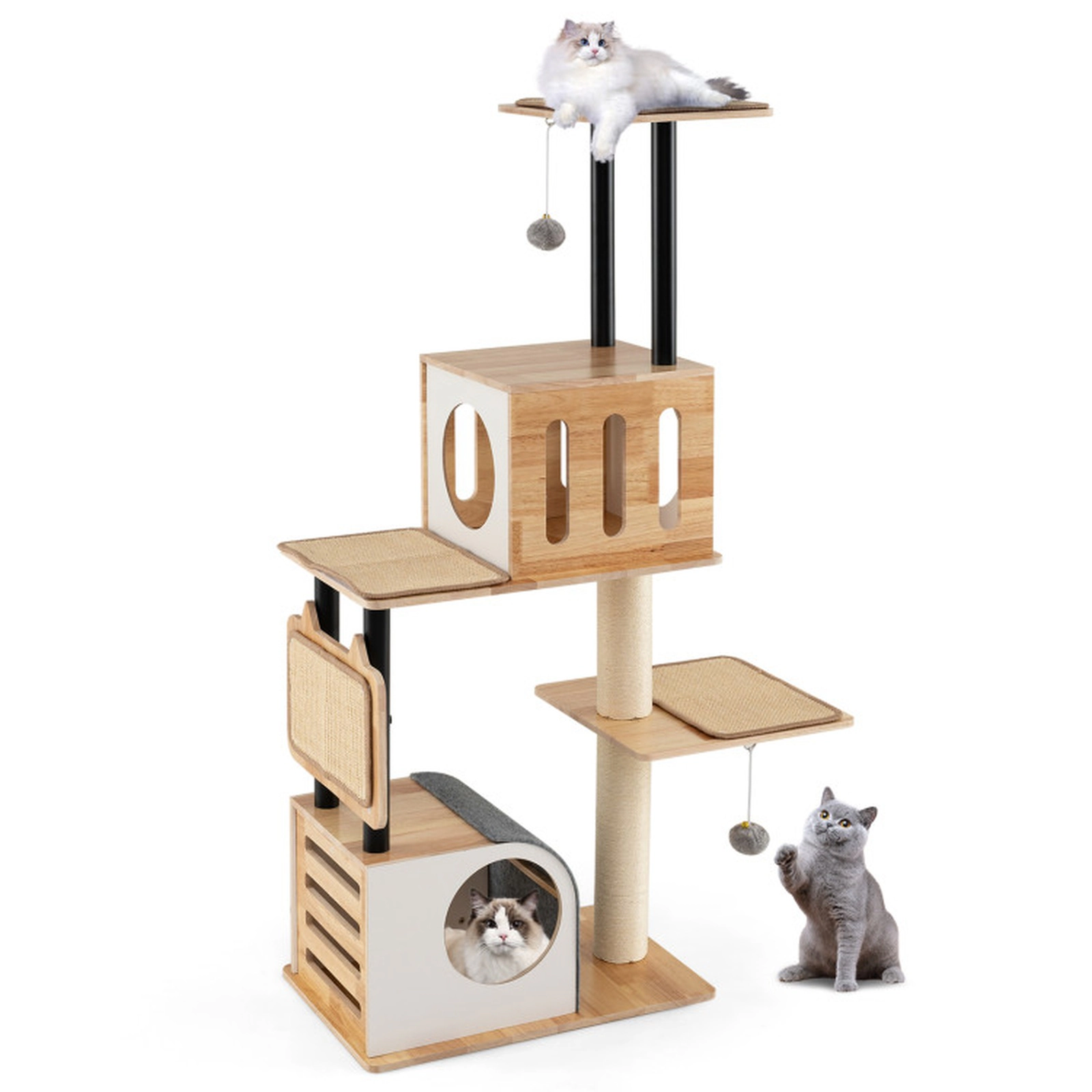 SUGIFT 56-in Natural Modern Tall Cat Tree Tower with 2 Condos Detachable Sisal Carpets and Metal Posts