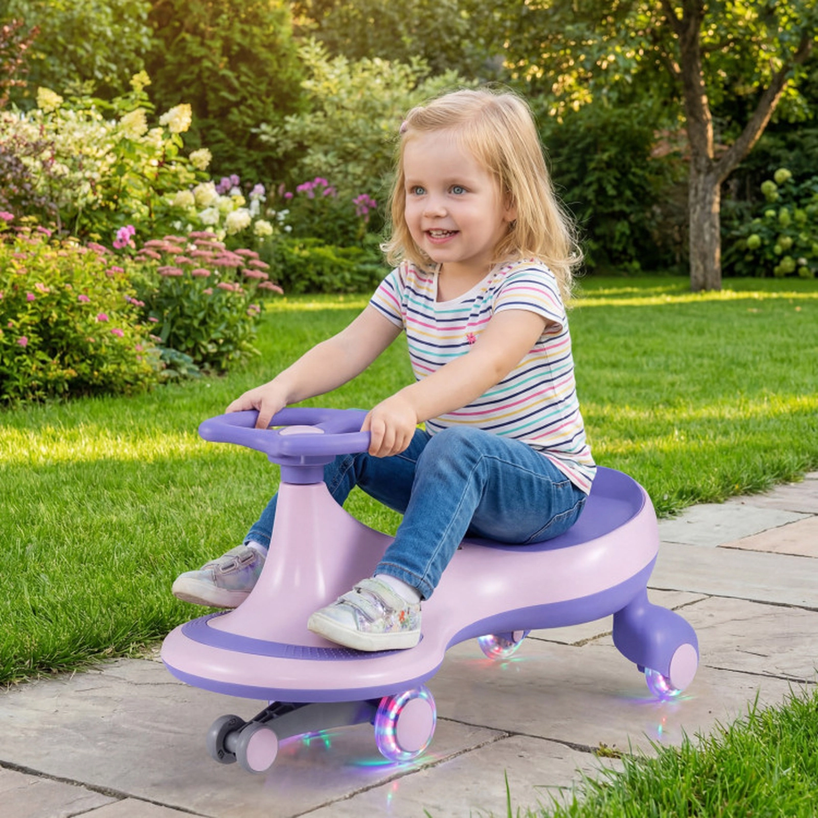SUGIFT 110-lb Capacity Kids Wiggle Car Ride-On Toy with PU Flashing Wheels and 15-Degree Tilt Seat