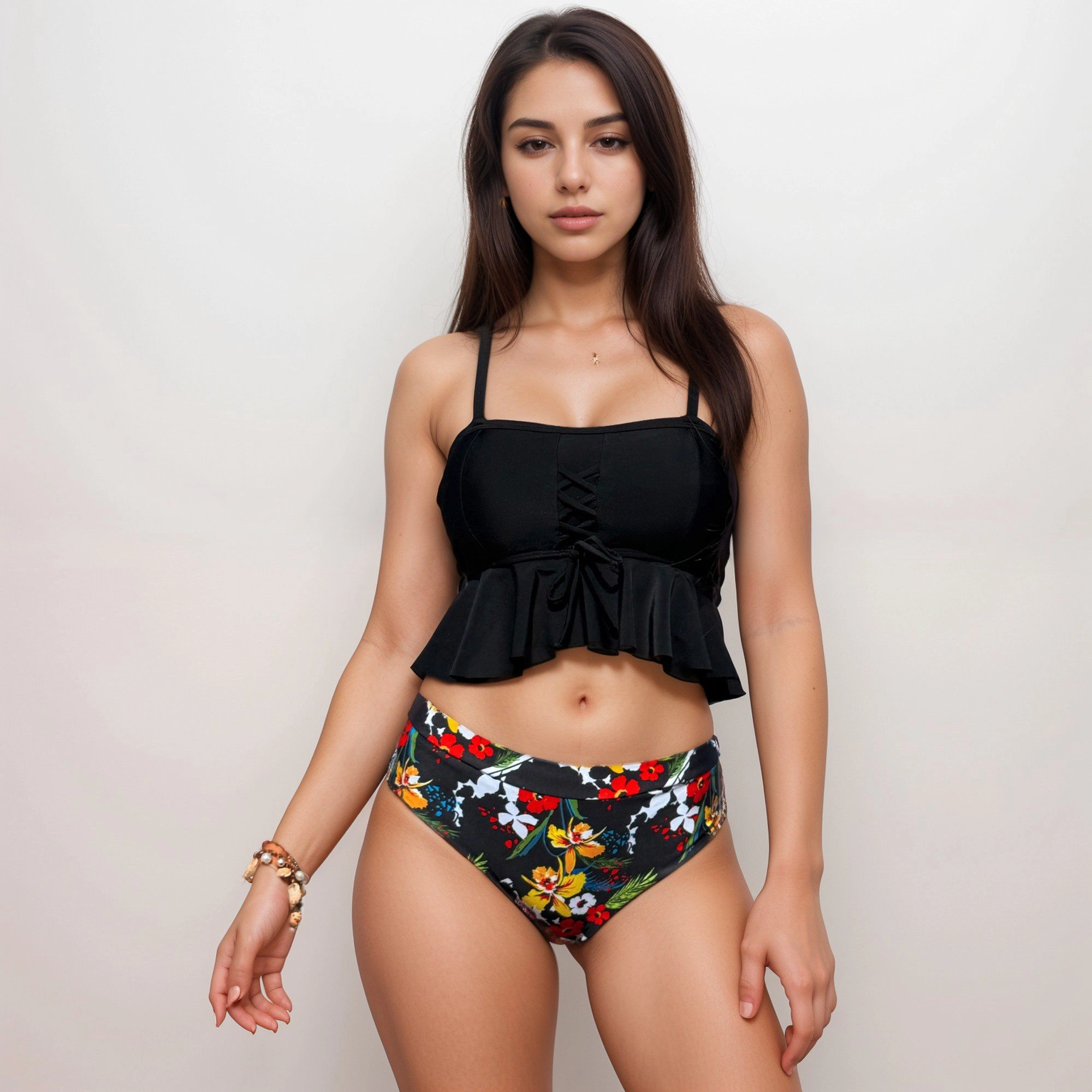 Anna-Kaci Women Lace-Up Ruffle Tankini with High-Waist Floral Bottoms